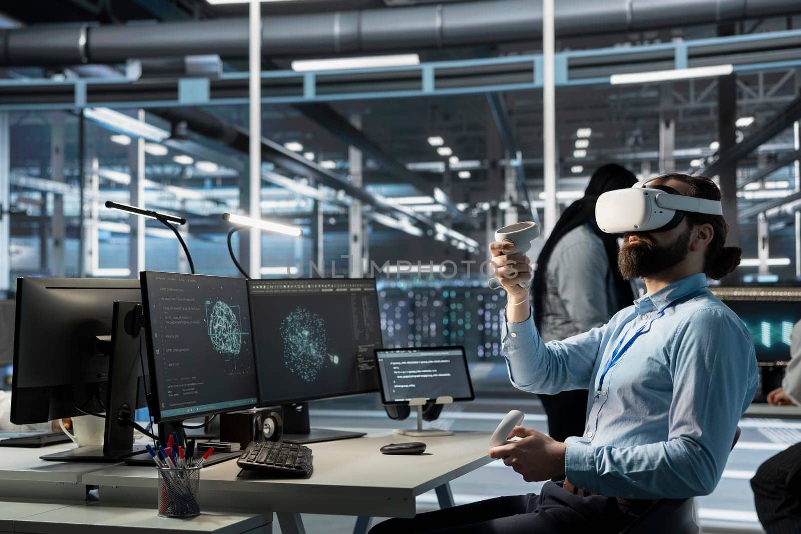 Data center engineer monitoring AI systems performance using VR headset, identifying bottlenecks. Artificial intelligence server farm worker troubleshooting glitches using virtual reality