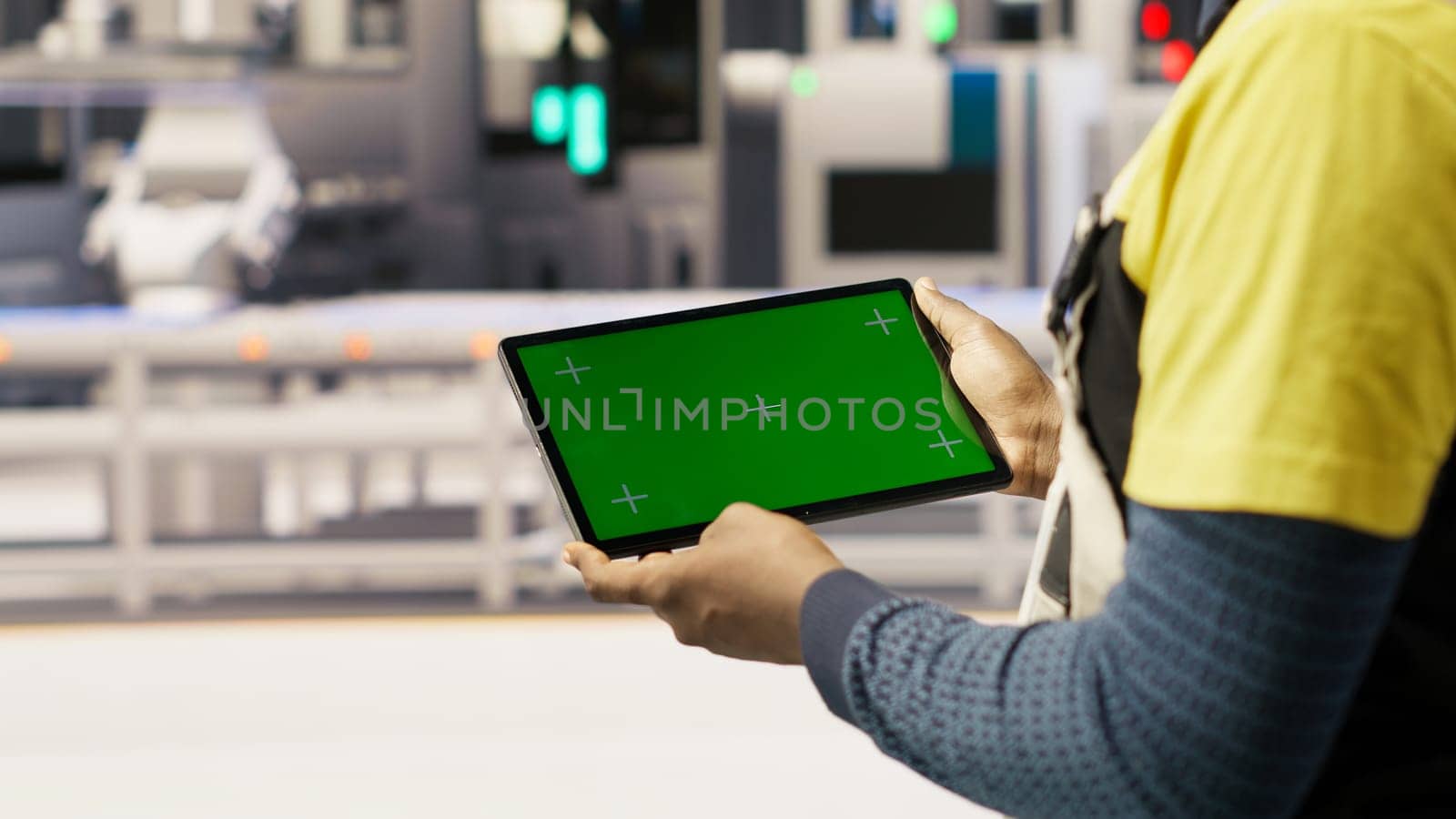 Photovoltaics plant worker uses chroma key notebook to follow maintenance procedures. Solar panels factory engineer analyzes performance data with isolated screen laptop, camera B close up