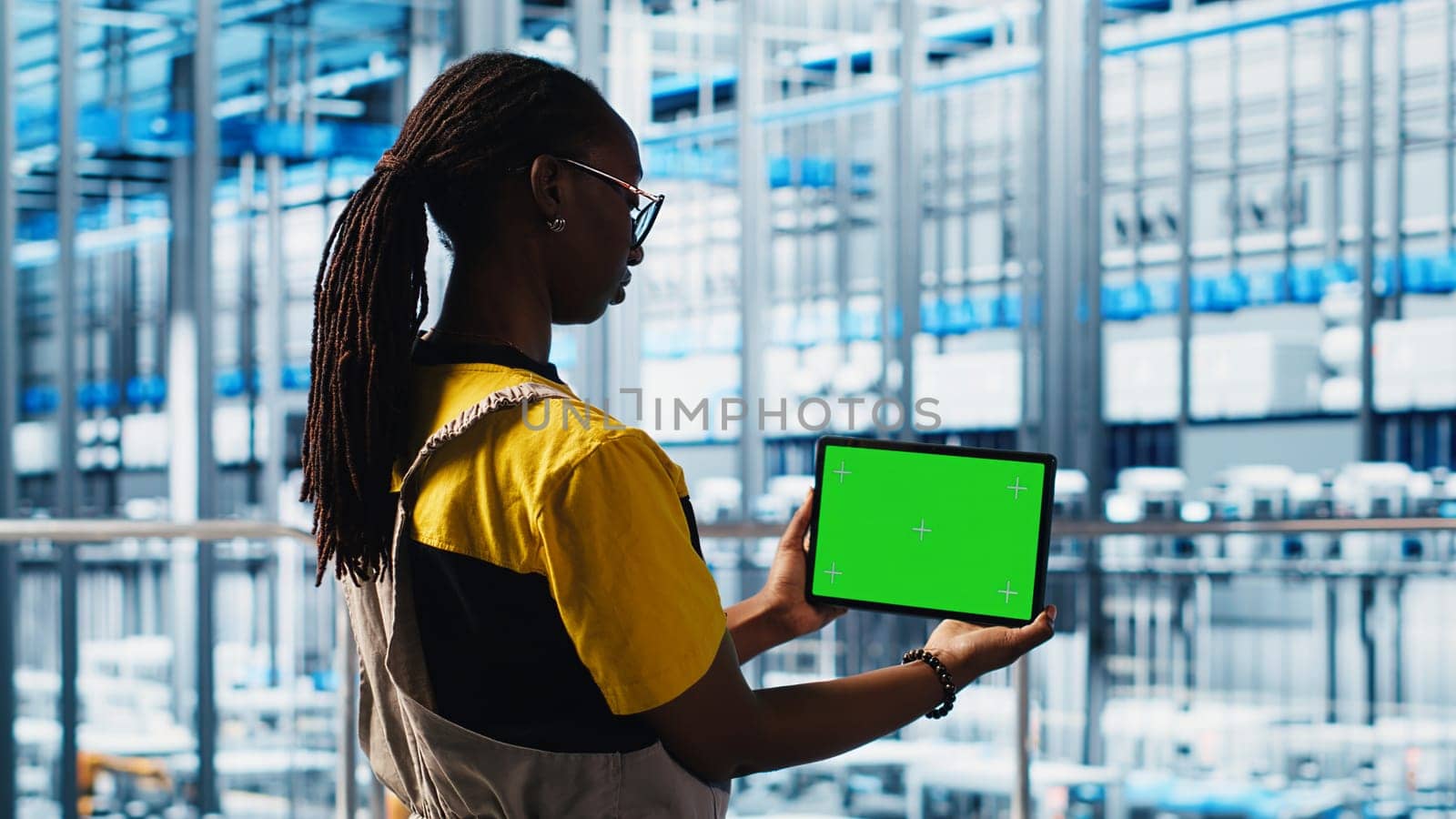Smart factory specialist using mockup laptop to test automated systems and ensure reliability. Woman uses isolated screen notebook to identify bottlenecks and optimize equipment, camera A