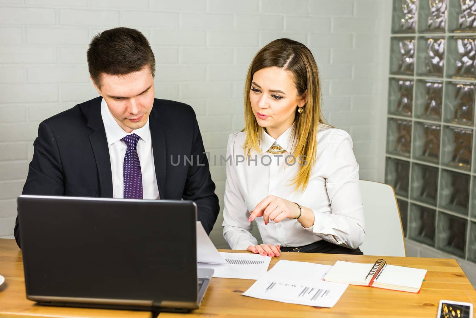 Portrait of smart business partners using laptop at meeting