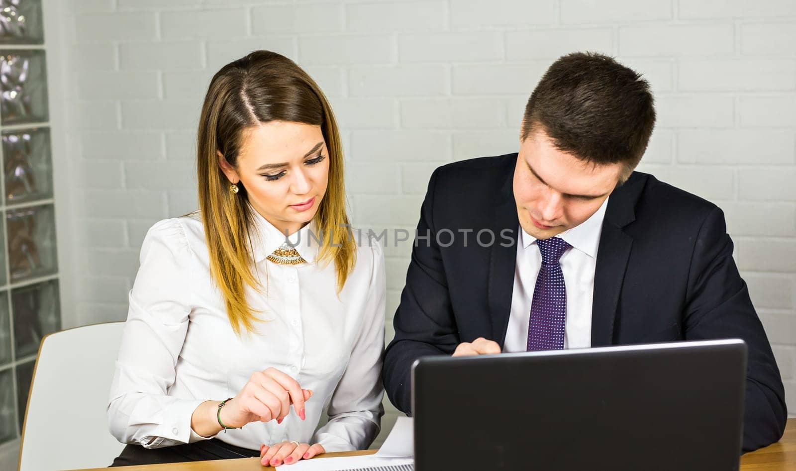 Portrait of smart business partners using laptop at meeting