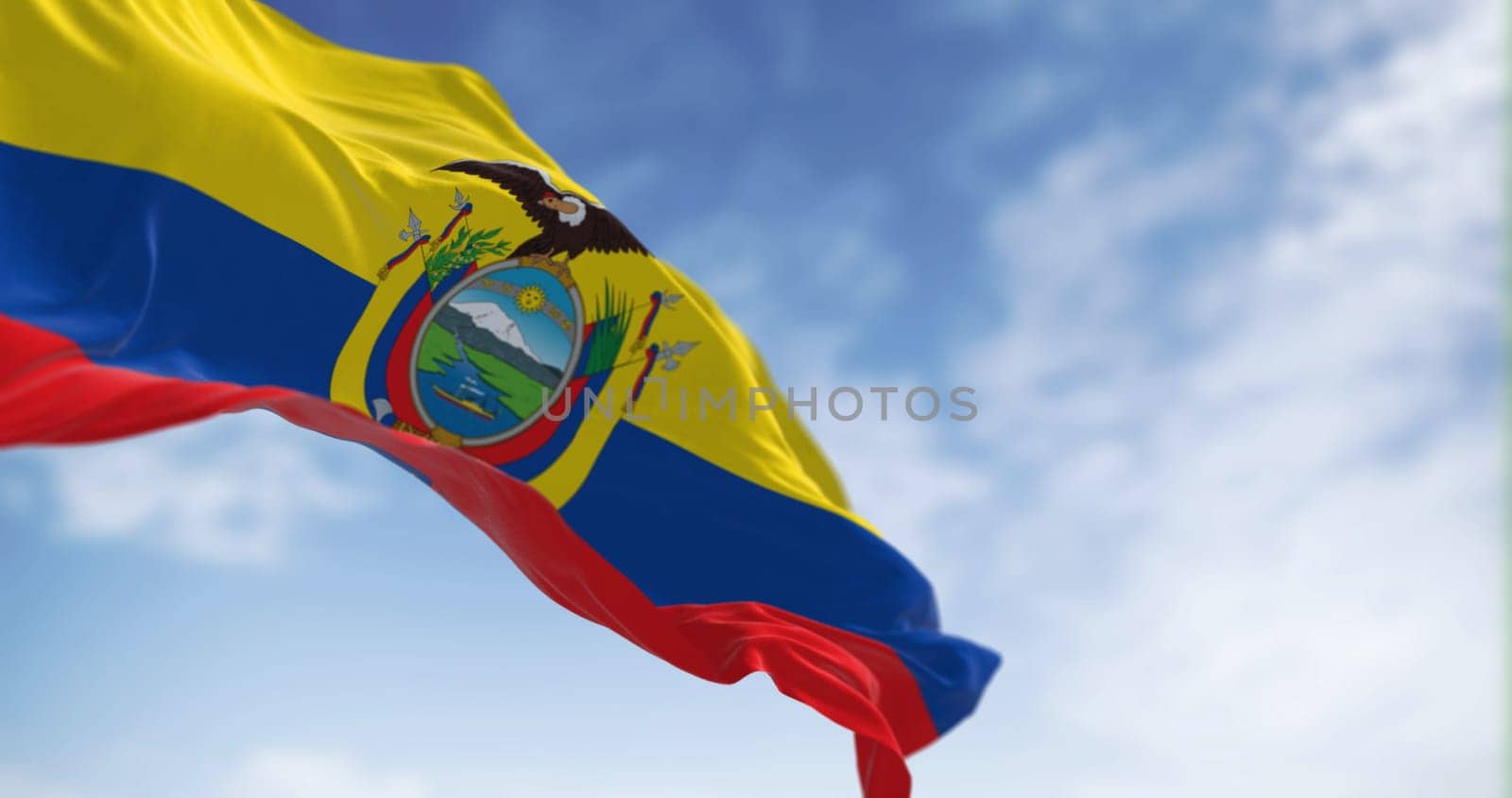 Close-up view of the Ecuador national flag waving in the wind. The Republic of Ecuador is a presidential republic of South America. 3d illustration render. Fluttering fabric. Selective focus
