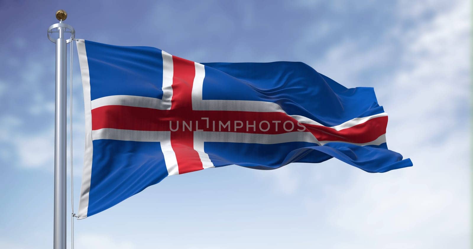 Close-up view of the Iceland national flag waving in the wind. Blue flag with a white-edged red Nordic cross. 3d illustration render. Fluttering fabric.