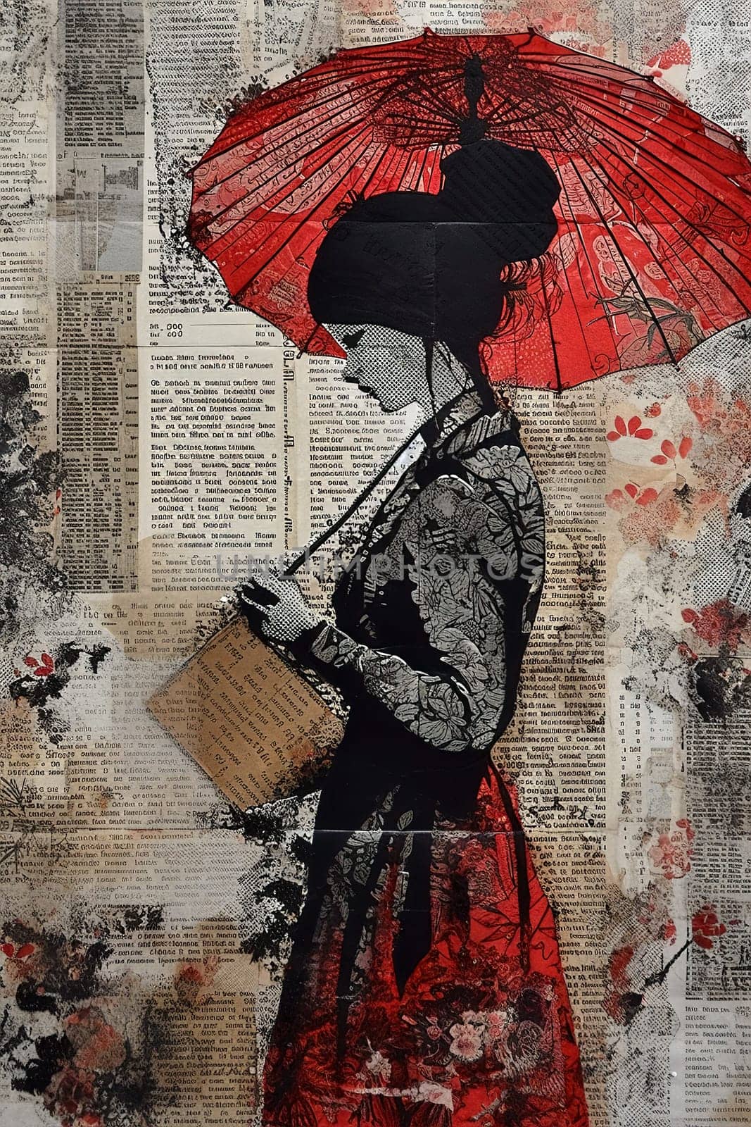 A young woman walks with an umbrella against the background of old newspaper pages. Illustration AI.