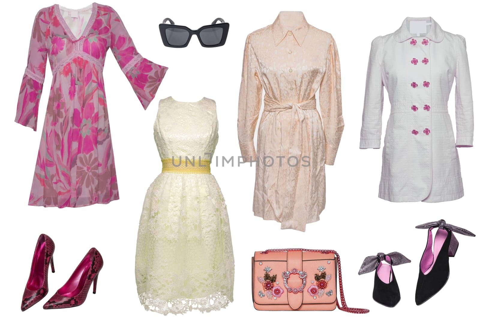 Collage woman clothes. Set of luxurious trendy women coat, dresses, two stylish high heels, handbag, and beauty glasses isolated on a white. Latest fashion trends.