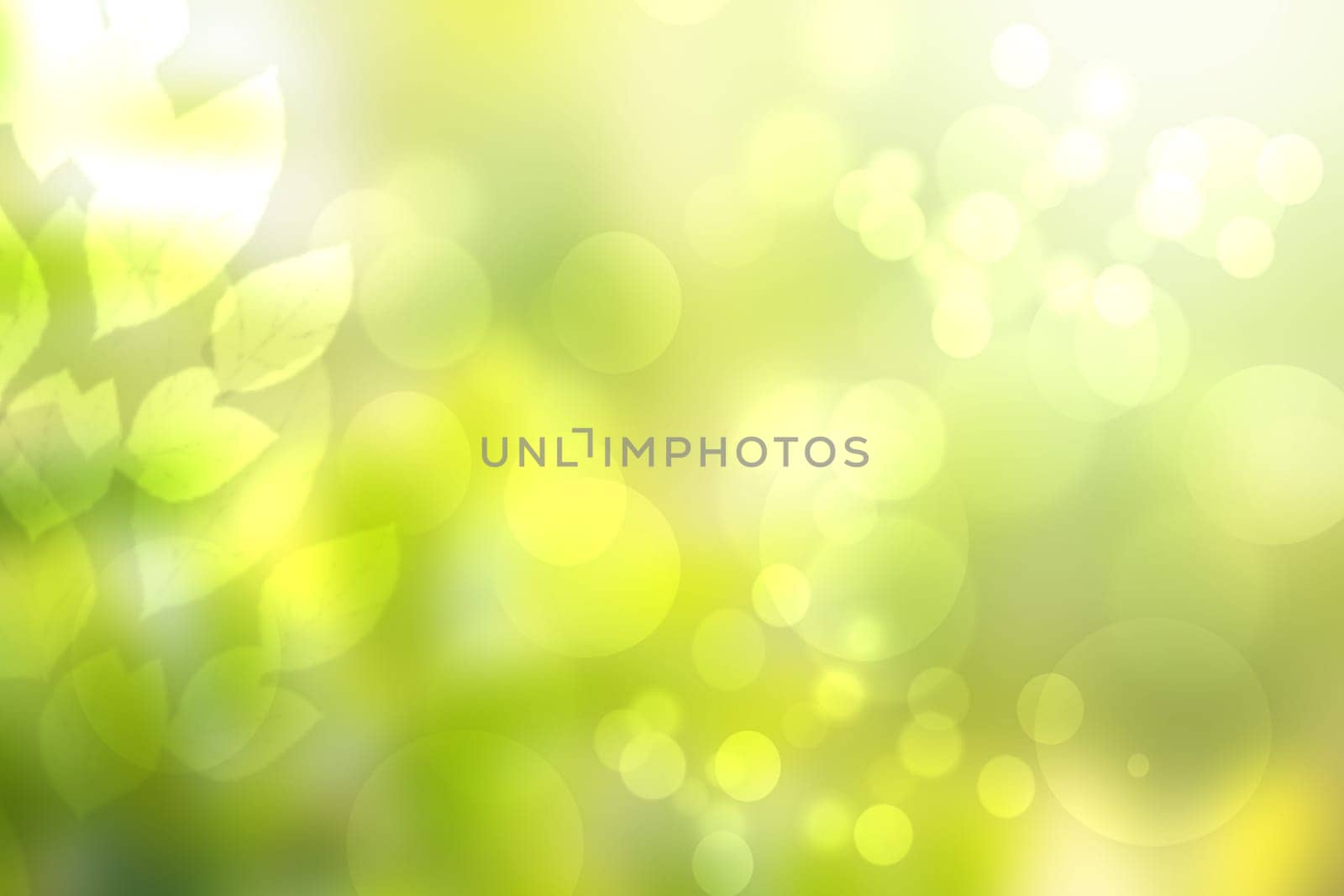Abstract autumn gradient gold yellow green bright background texture with leaves and bokeh circles. Indian summer. Card design with space. Beautiful backdrop.