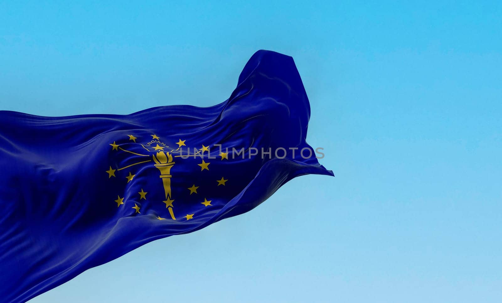 Indiana state flag waving in the wind on a clear day. Indiana is a U.S. state in the Midwestern United States. 3d illustration render. Fluttering fabric