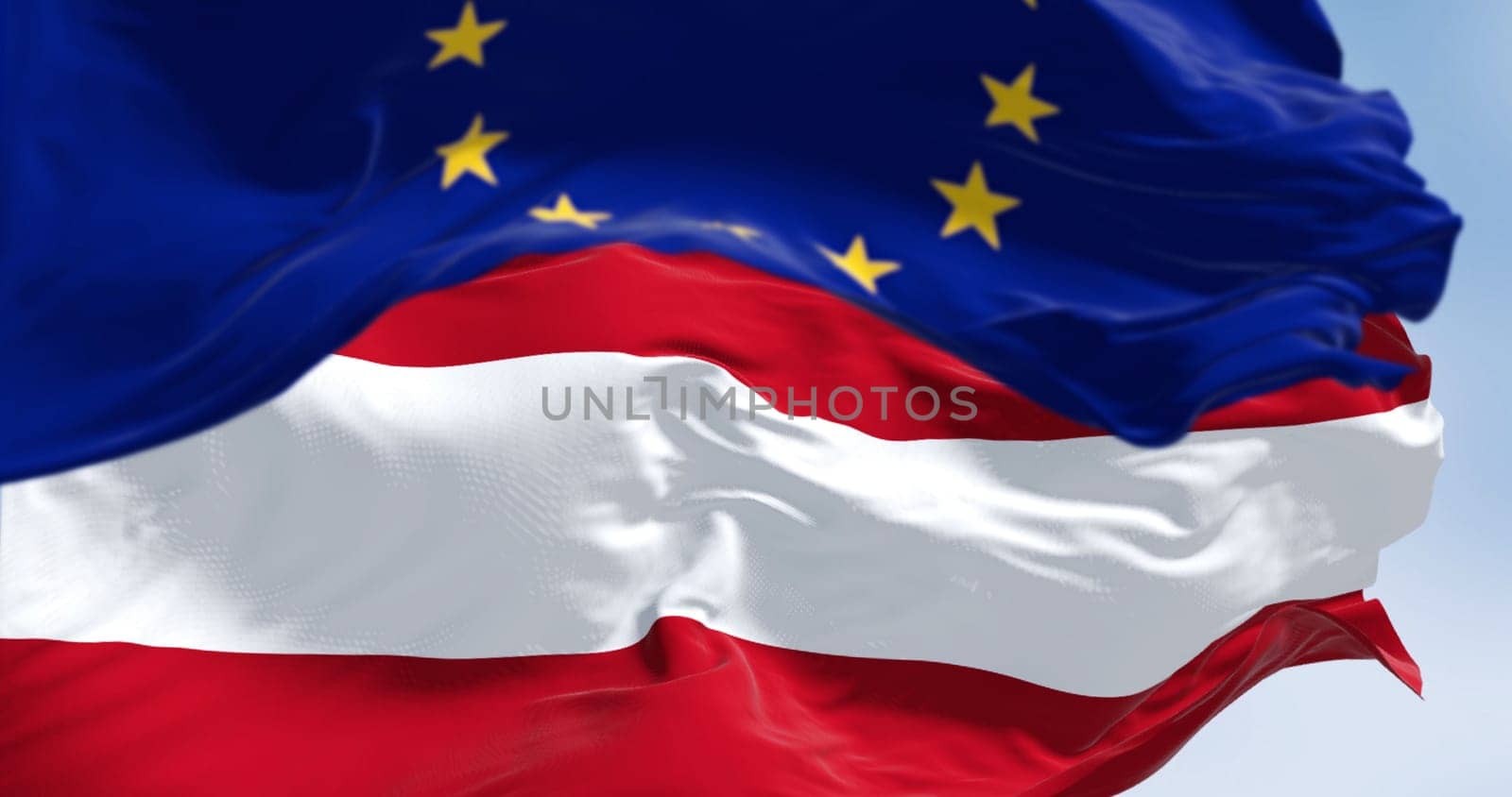 Austria and European Union flags waving together on a clear day. Democracy and politics. European country. 3d illustration render. Fluttering fabric