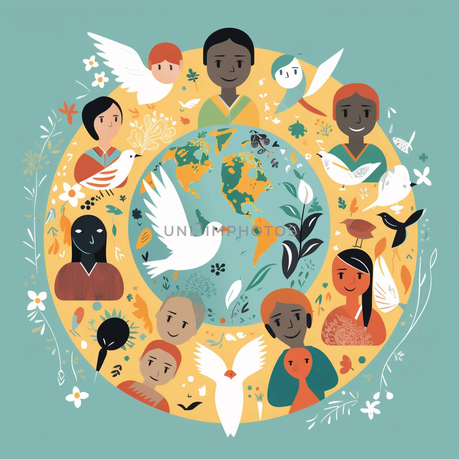 Promote peace and understanding with this powerful cartoon image! This symbolic image and cultures advocating for non-violence and unity, with traditional decorations and symbols of harmony and respect.