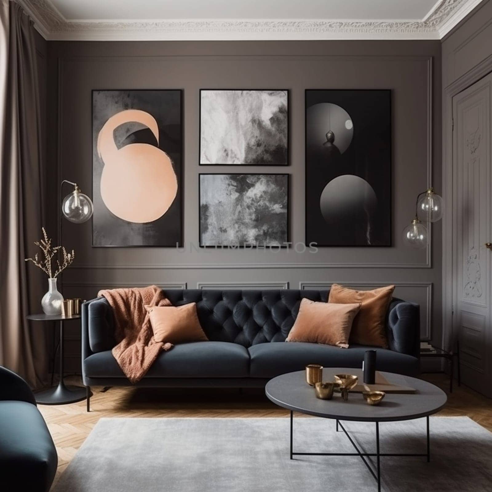 Check out this modern living room with a dark sofa as the centerpiece! The room features three frames hanging on the wall, each showcasing a unique artwork that complements the color palette of the room. This is the perfect space for relaxation and entertainment.