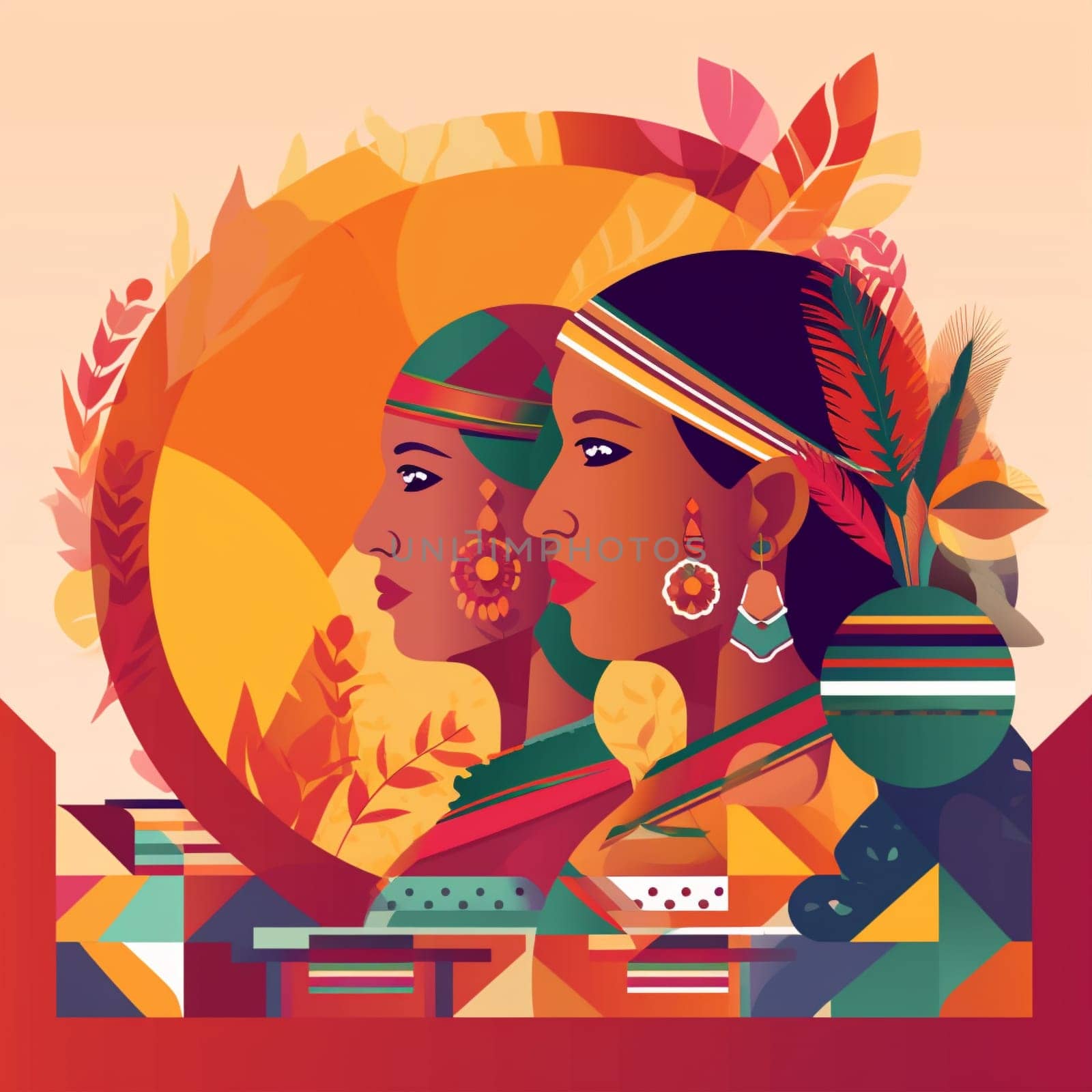 Celebrate Indigenous Peoples' Day with this image that celebrates the richness and diversity of indigenous cultures. Featuring elements such as traditional dress, crafts, and nature, this image highlights the beauty and spirituality of indigenous peoples. The color palette of earth tones, greens, and reds evokes the natural beauty and connection to the earth that is central to many indigenous cultures. People are seen participating in traditional ceremonies and practices, while symbols of unity and respect remind us of the importance of honoring and preserving indigenous cultures and traditions.