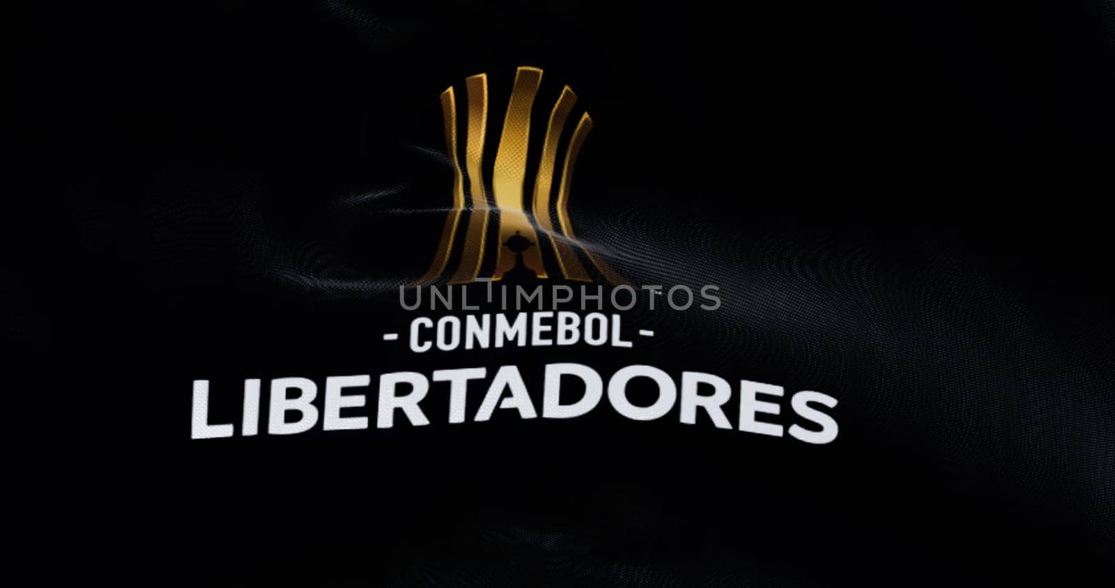 Buenos Aires, ARG, Sept 2022: CONMEBOL Libertadores flag waving in the wind. South American football competition organized annually by CONMEBOL. Illustrative editorial 3d illustration render. Close-up