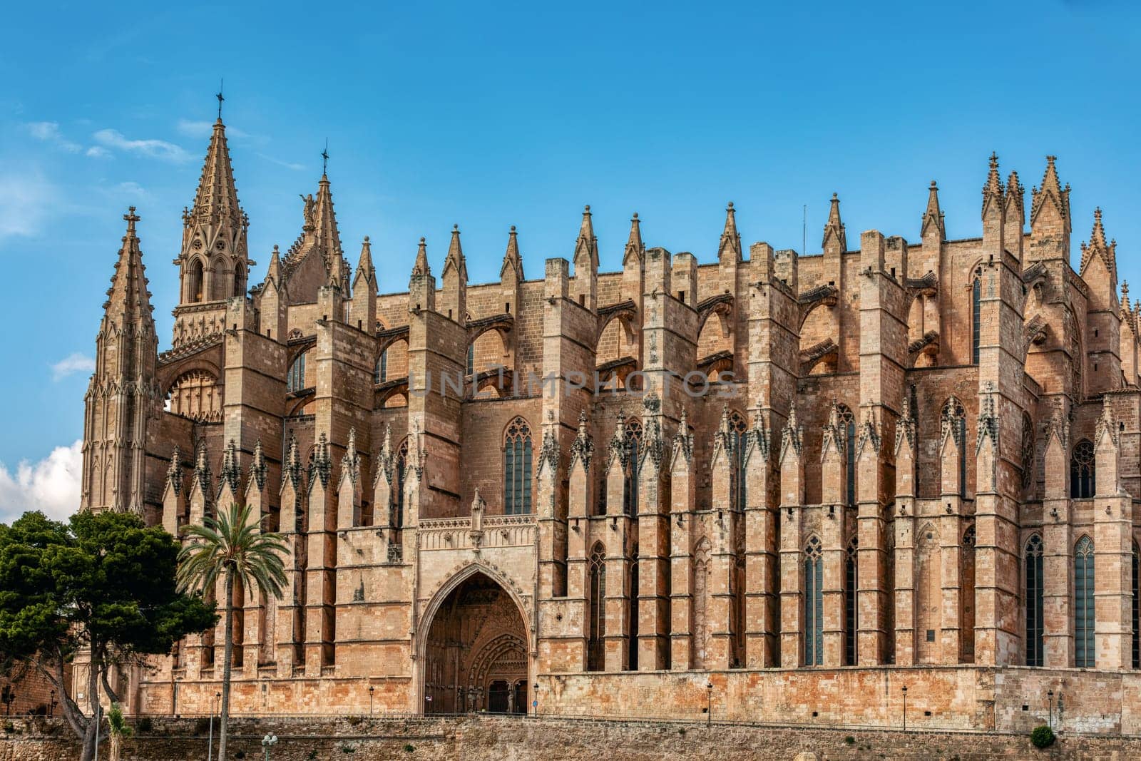 Gothic medieval cathedral La Seu and Royal Palace of La Almudaina. Capital city Palma de Mallorca. Balearic Islands Spain. Travel agency vacation concept.