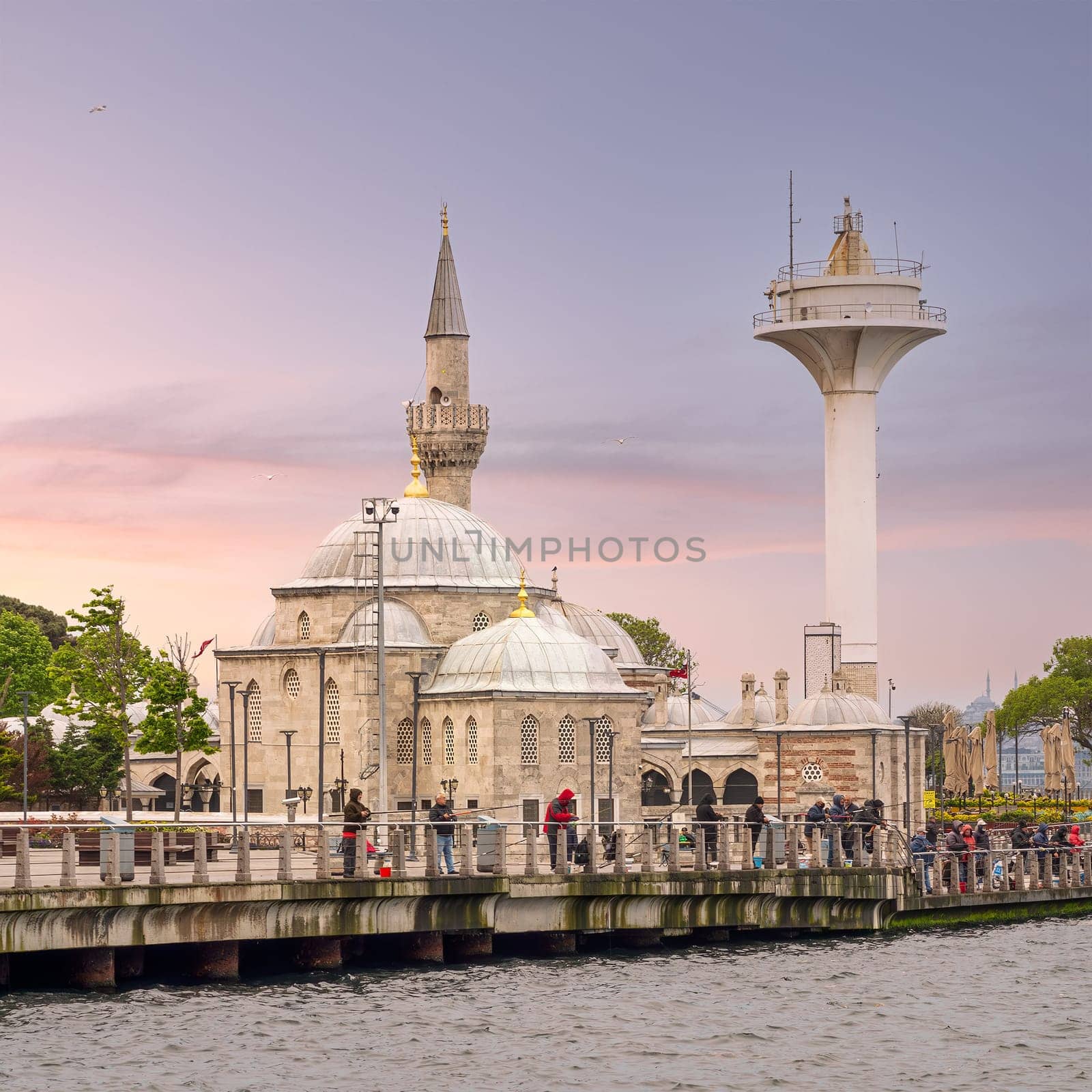 Istanbul, Turkey - May 5, 2023: Semsi Pasha Mosque, an Ottoman mosque located in the district of Uskudar, on the Asian side of Bosphorus Strait, designed by Ottoman imperial architect Mimar Sinan