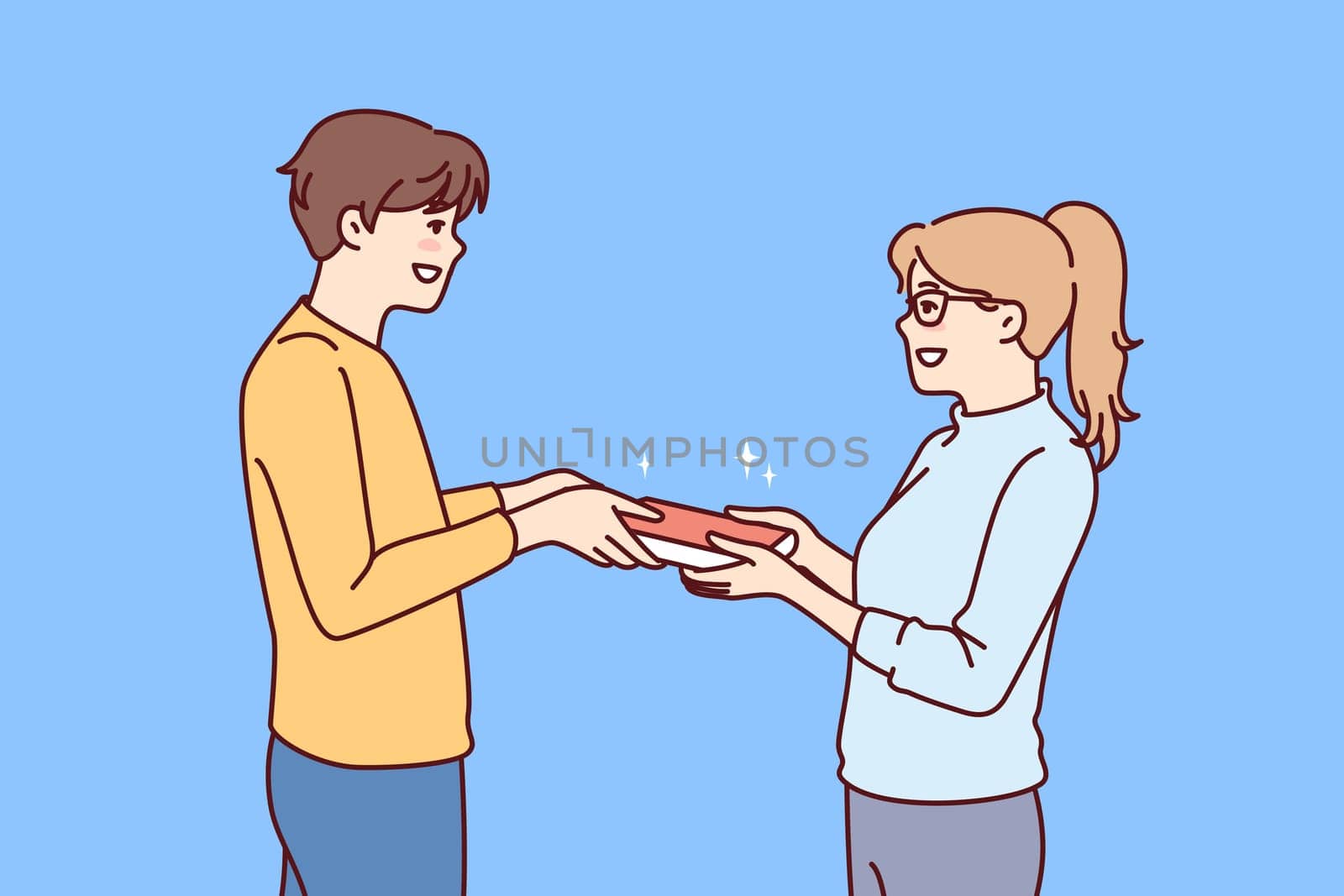 Guy student passes book to girl for concept of school love or joint preparation for exams. Enamored schoolboy and schoolgirl holding book to prepare report on instructions of teacher