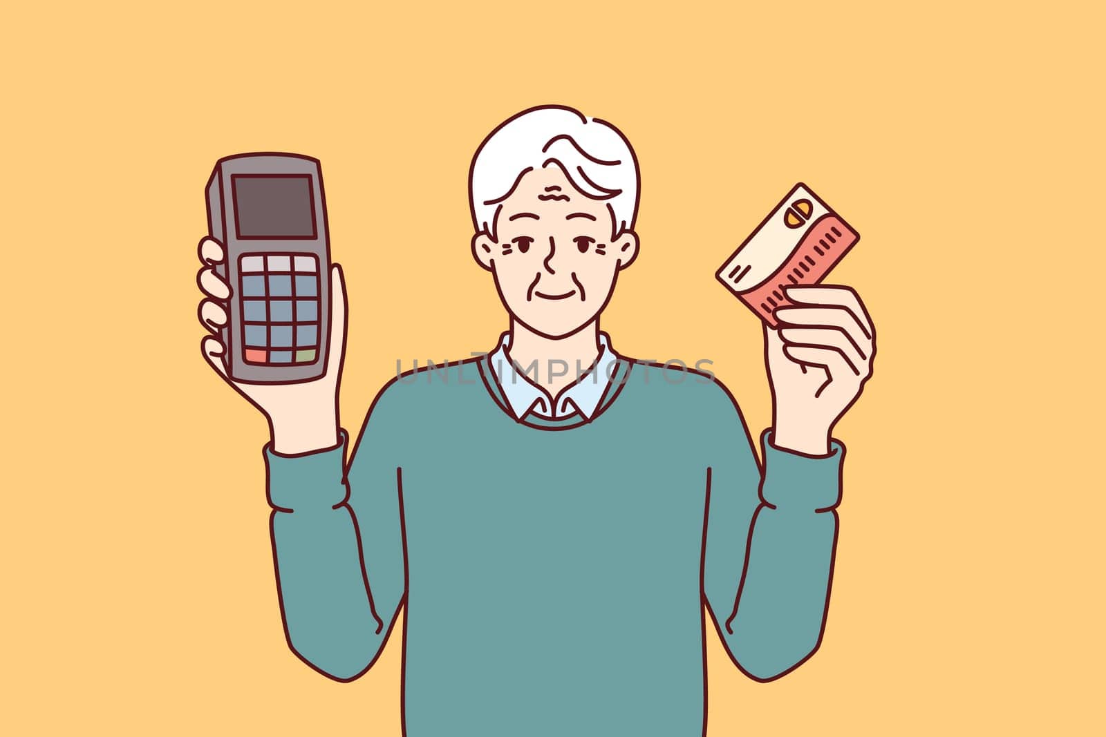Elderly man holds POS terminal and bank card for making cashless payments in supermarket. Grey-haired store owner recommends using POS equipment for retail business and customer service