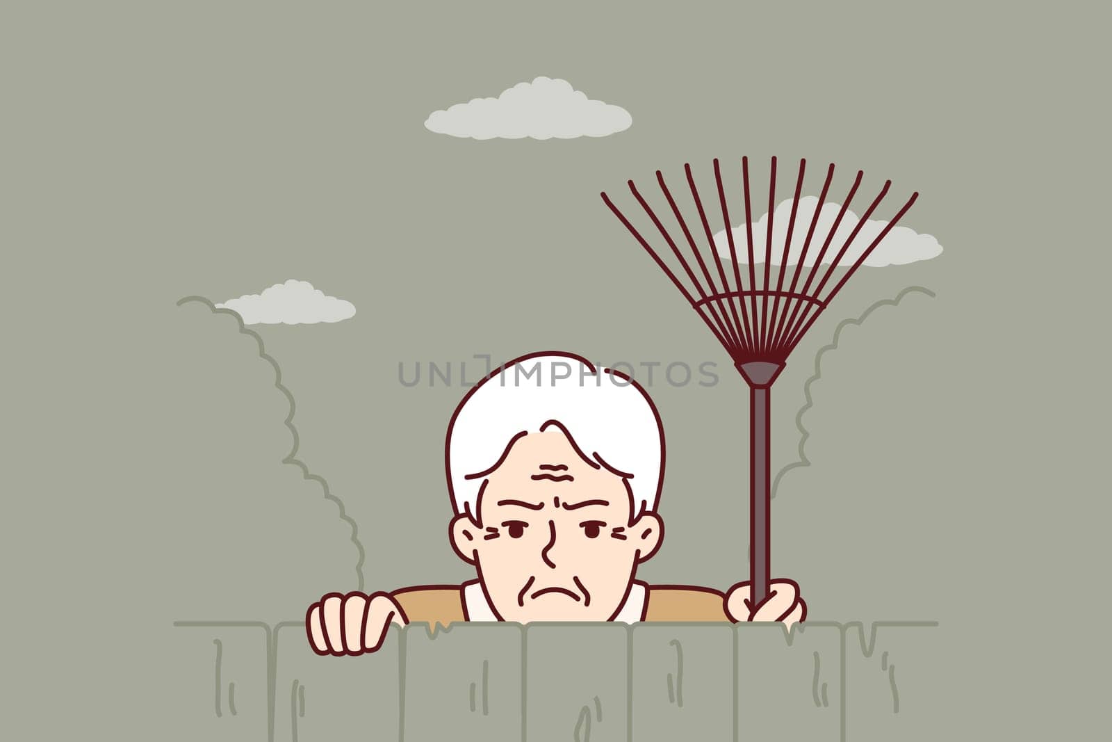 Elderly envious man neighbor peeps from behind fence spying on residents of private house. Envious male pensioner with rake looking at screen suspiciously for bad neighborhood concept.