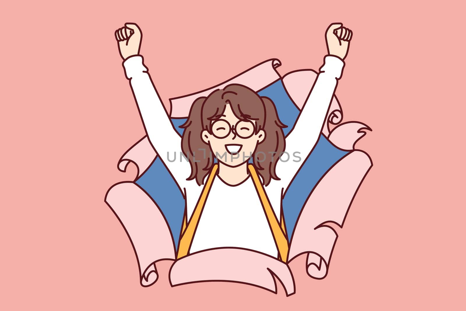 Overjoyed little girl from elementary school with smile raises hands up, looking out of torn paper. Cheerful schoolgirl celebrating victory in olympiad or good mark for lesson by school teacher