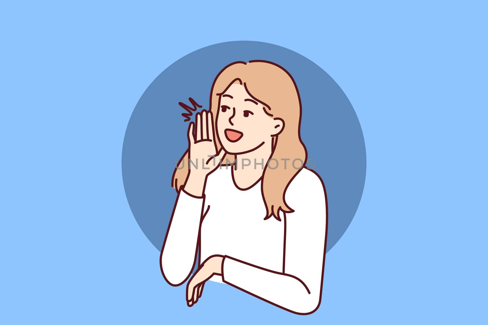 Woman screams with hand to mouth to announce start of seasonal sale or discounts for shopping. Beautiful girl promoter screams calling to pay attention to promotional product or service