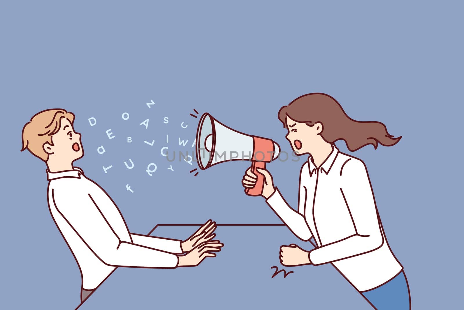 Woman boss yells at subordinate through megaphone and gets angry because of refusal to follow order. Aggressive boss yells at man showing unprofessionalism and disregard for rules of subordination