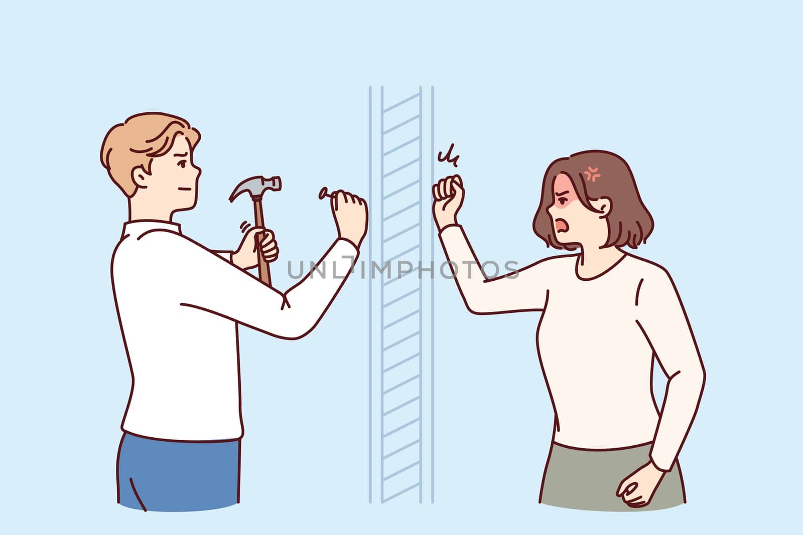 Angry woman knocks on wall swearing at neighbor is doing repairs in apartment and using hammer. Nervous girl quarreling with neighbor hammering nails because of noise caused by renovation