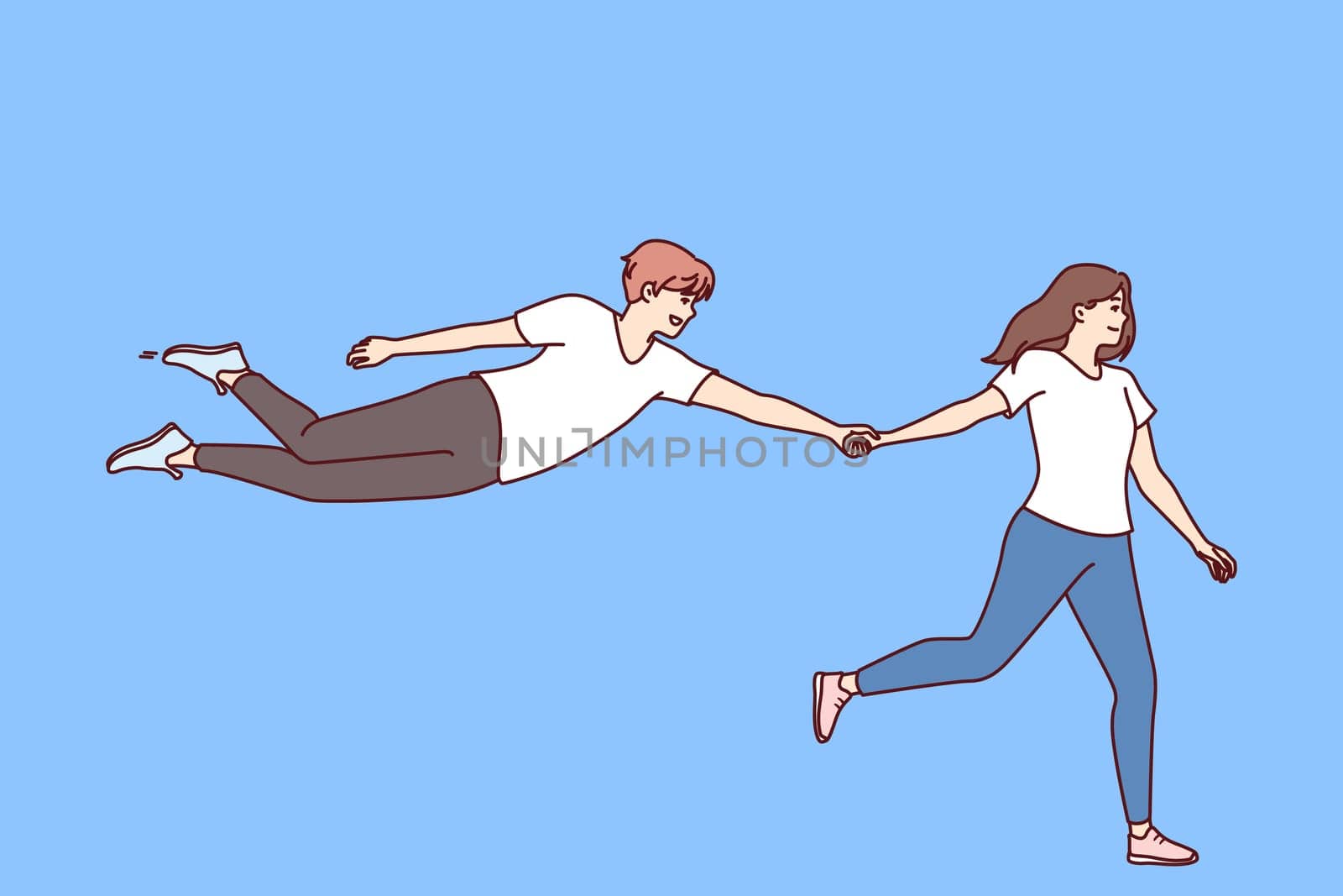 Woman says follow me and holds hand of flying man who wants to be always with girlfriend. Boyfriend floats through air follows girlfriend for concept of complete trust in partner in young family