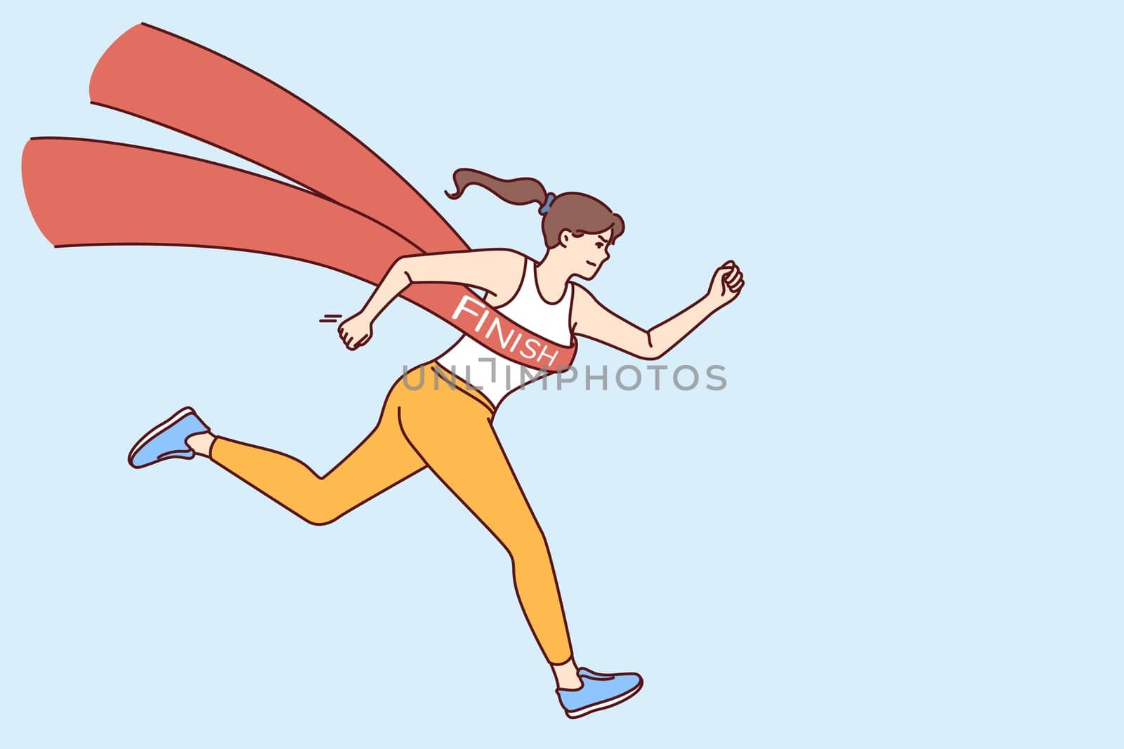 Running woman athlete with finishing tape symbolizes victory in marathon or mass sports competition. Running girl with determined emotions wins championship or sets new speed record.