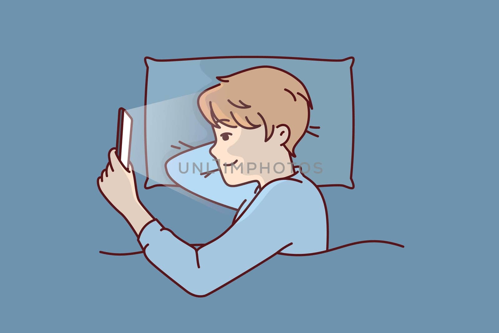 Boy with phone licks in bed and watches movie with smile or plays game refusing to sleep. Kid spends free time using phone at night due to lack of parental control applications on gadget