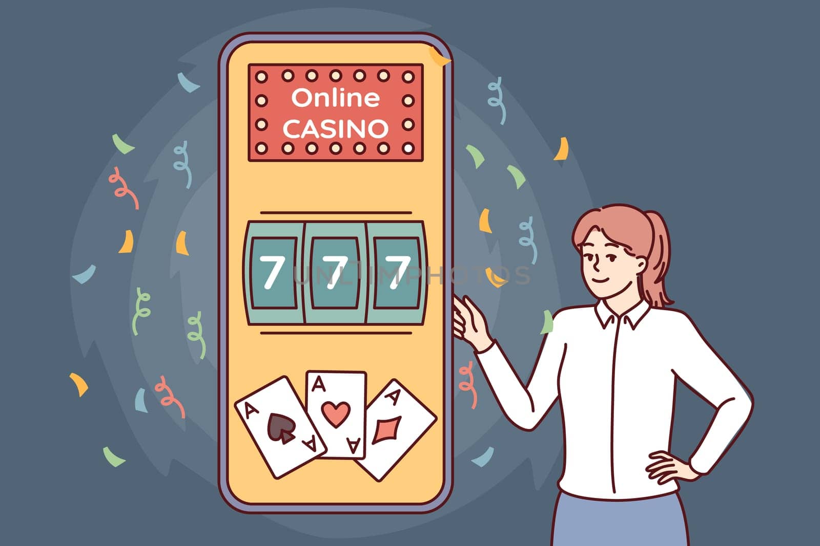 Woman near phone with online casino offers to use gambling applications with possibility of getting jackpot. Giant smartphone with internet casino website for games with big cash prize