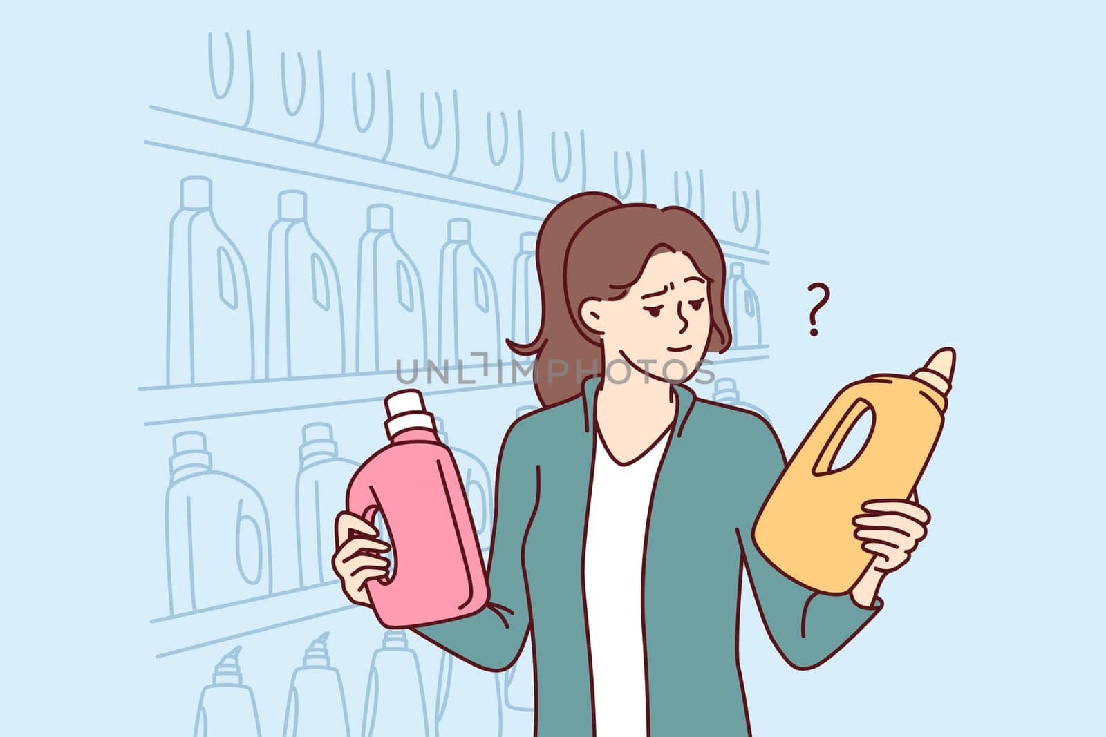 Woman holds bottles of laundry detergent or cleaning product standing near shelves in grocery supermarket. Girl visitor to supermarket compares goods choosing best option for purchase