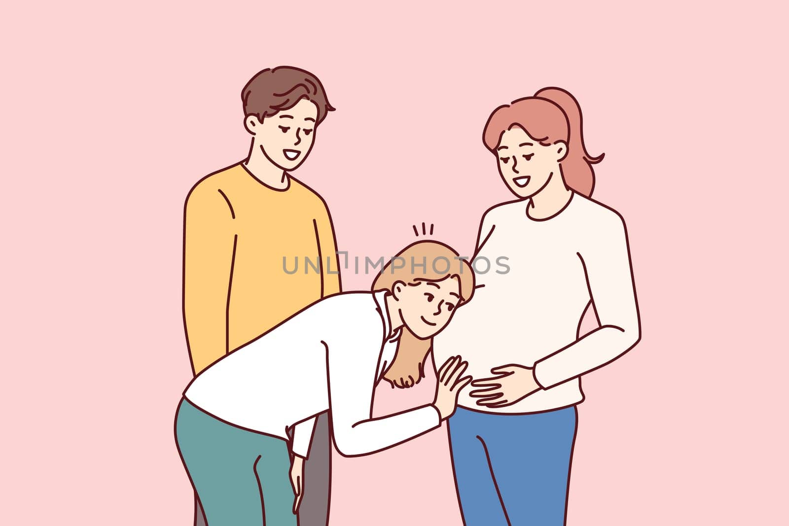 Pregnant woman stands with friends and allows to put ear to stomach to hear movements of baby. Pregnant girl rejoices that she will soon become mother and share positive with sister