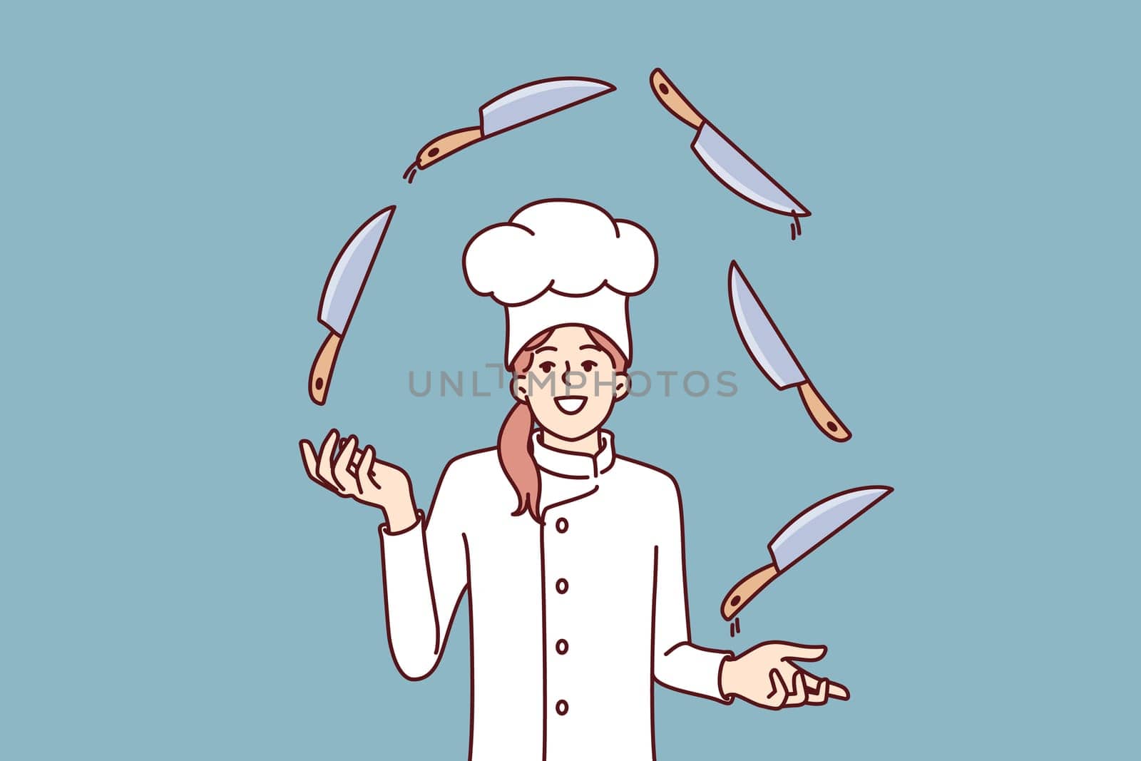 Woman chef juggles knives demonstrating professional skill and promising cooking delicious dinner
