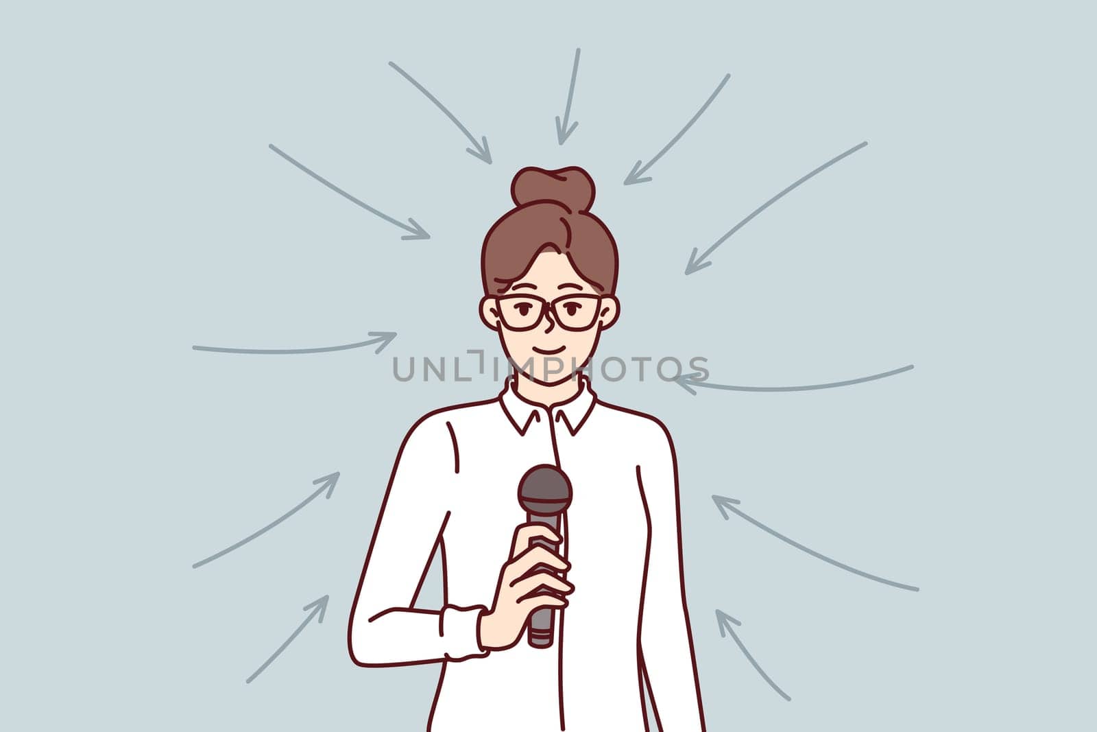 Business woman with microphone stands among arrows for concept of participation in professional seminar or conference. Girl business coach holds mic motivating company team for productive work