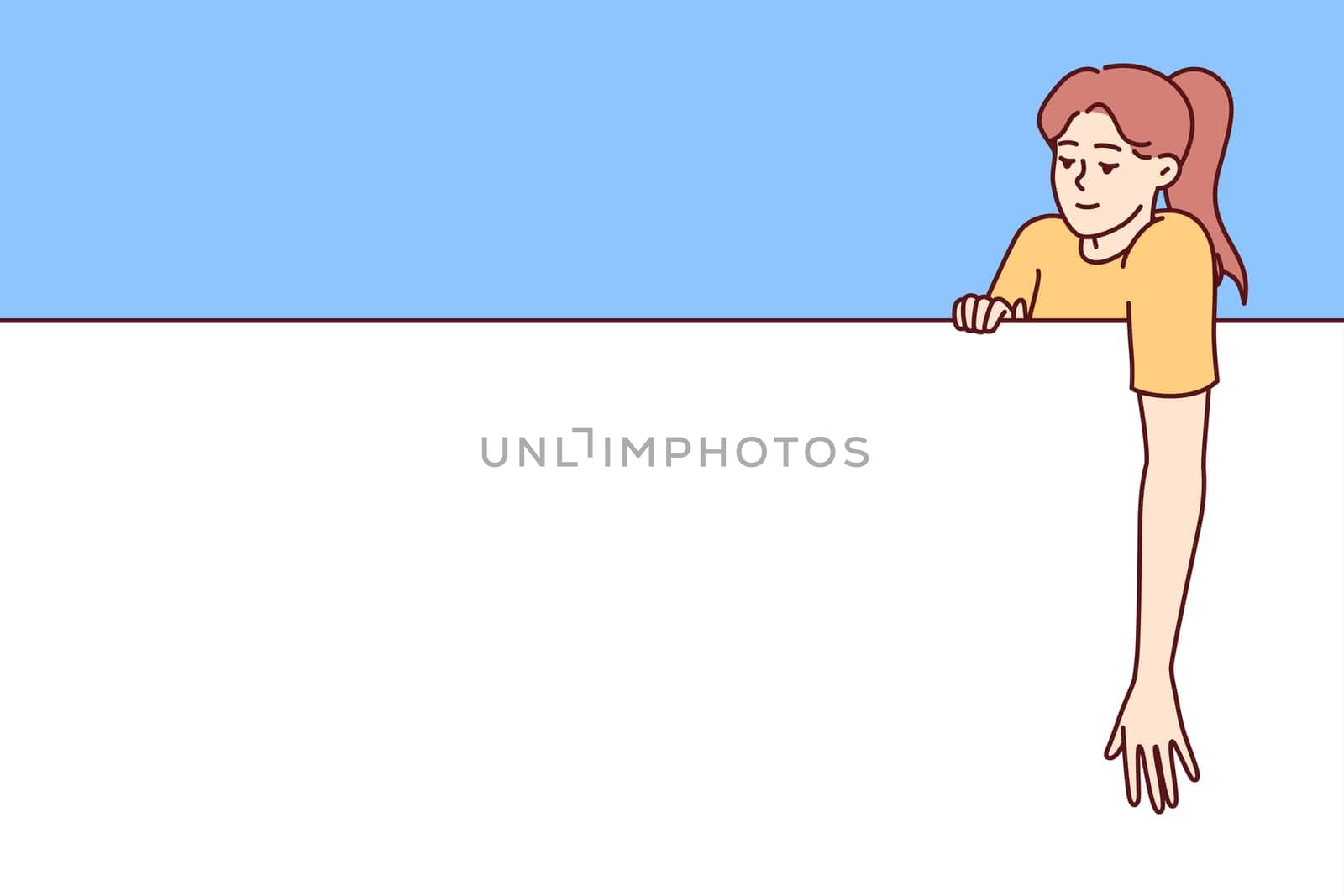 Woman with big empty banner looking at copy space for promotional offer or company logo. Young casual girl leans on giant empty banner designed to accommodate promotions or contact details.