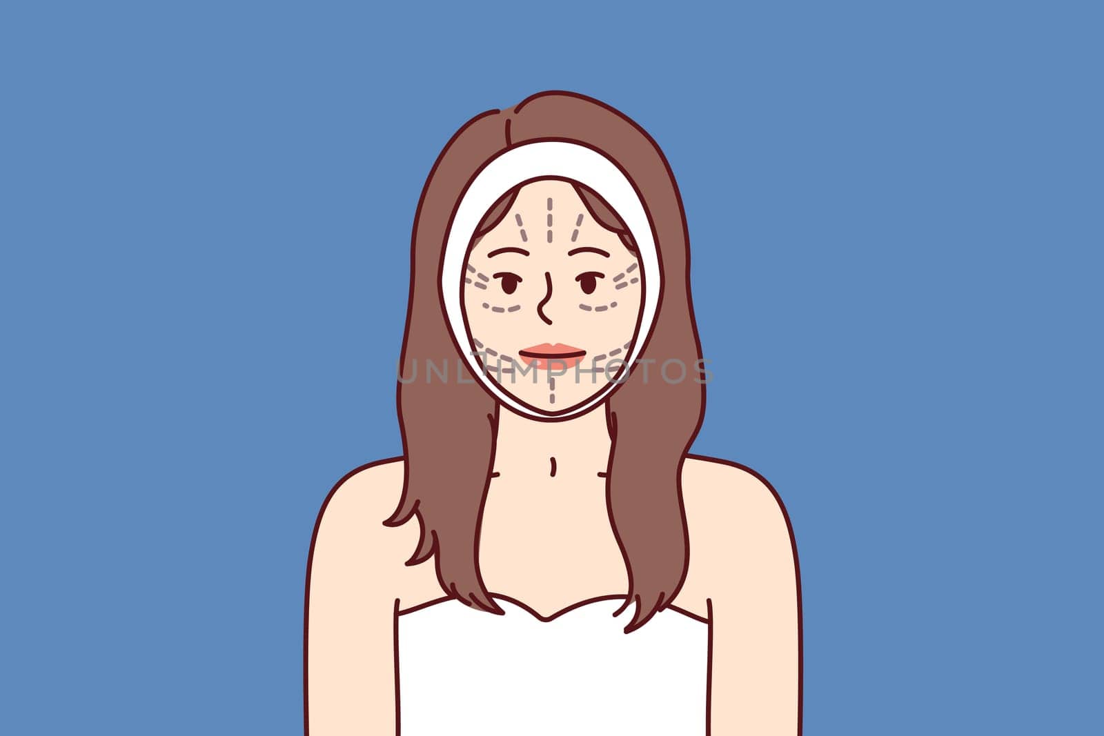 Face of woman with lines for plastic surgeon or cosmetologist doing cosmetic lifting procedure. Girl wants to have plastic surgery at surgeon, for facial rejuvenation and skin tightening