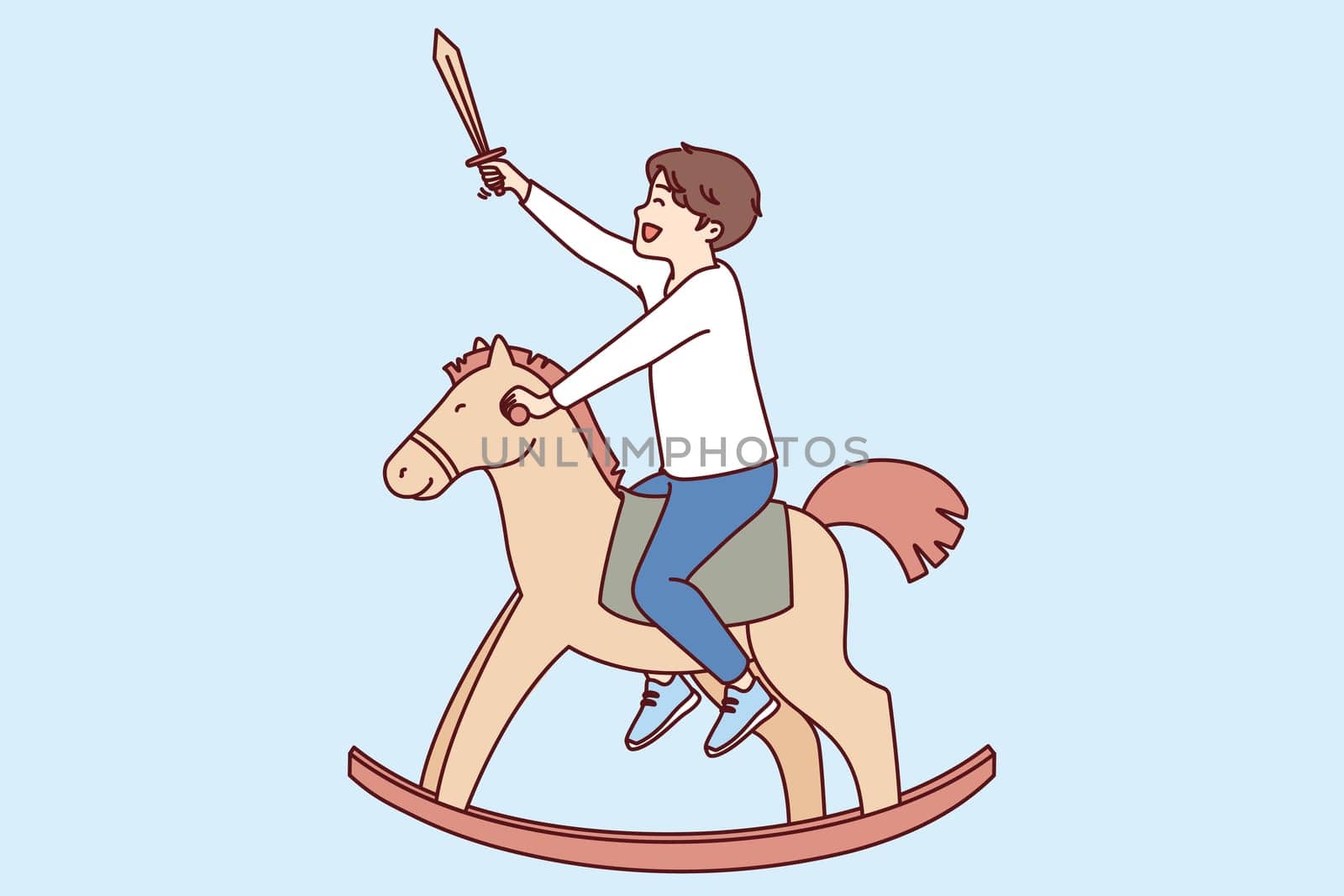 Cheerful boy sits astride toy horse and holds knight sword in hand dreaming about saving princess. Positive boy on steed-rocker enjoys vintage toys that give opportunity to dream up