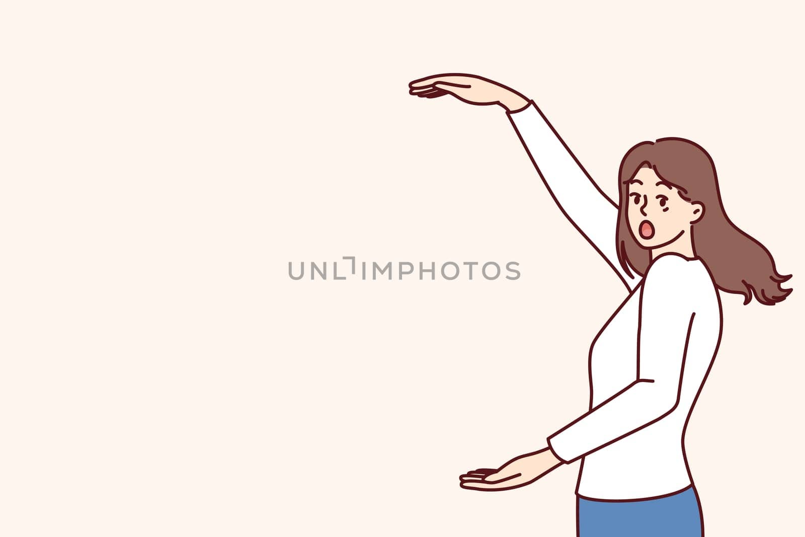 Shocked woman spreading arms wide and looking at screen demonstrating huge discounts for shopping on black friday. Girl in casual clothes is surprised to learn about big discounts in mall