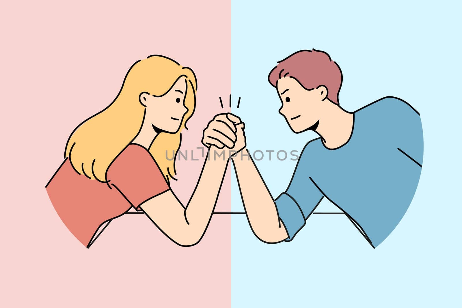 Arm wrestling between couple of man and woman for concept of fighting for leadership in family. Guy with girl compete who is stronger competing for position in company or leadership in team