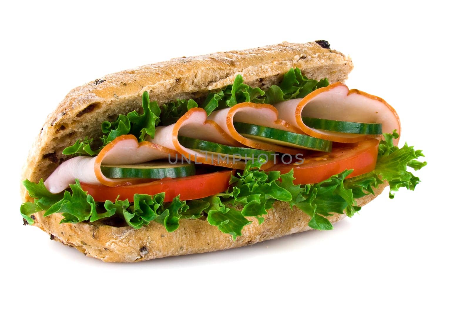 Freshly made ham and vegetable sandwich - isolated
