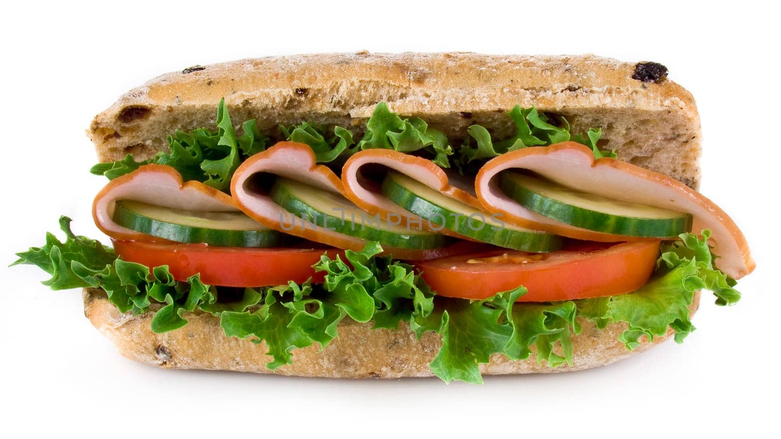 Freshly made ham and vegetable sandwich - isolated