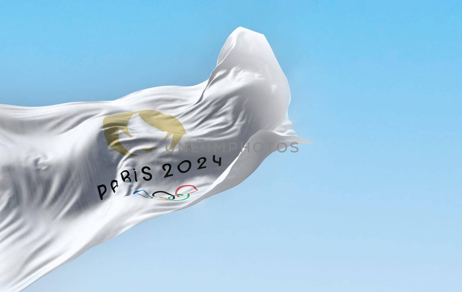 Paris, FR, May 23 2023: the flag of Paris 2024 Olympics Games waving in the wind. Upcoming international sporting event. Illustrative editorial 3d illustration render. Selective focus