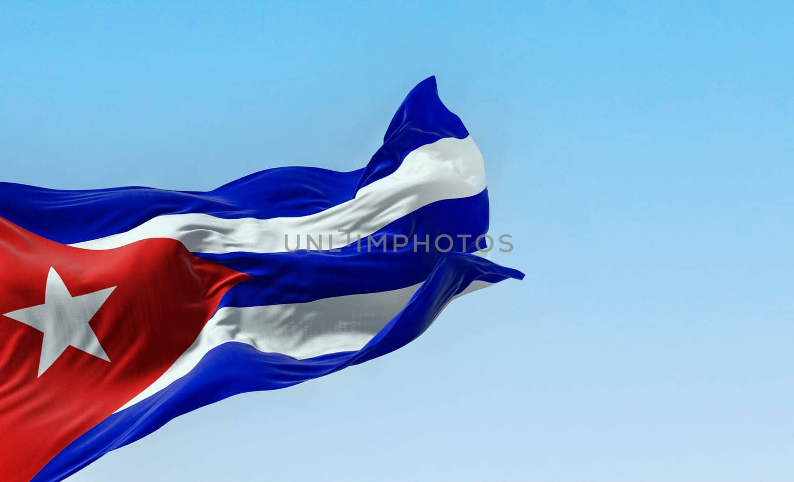 Cuba national flag waving in the wind on a clear day. Five blue and white stripes, a red triangle at the hoist with a white star. Latin american country. 3d illustration render. Fluttering fabric.