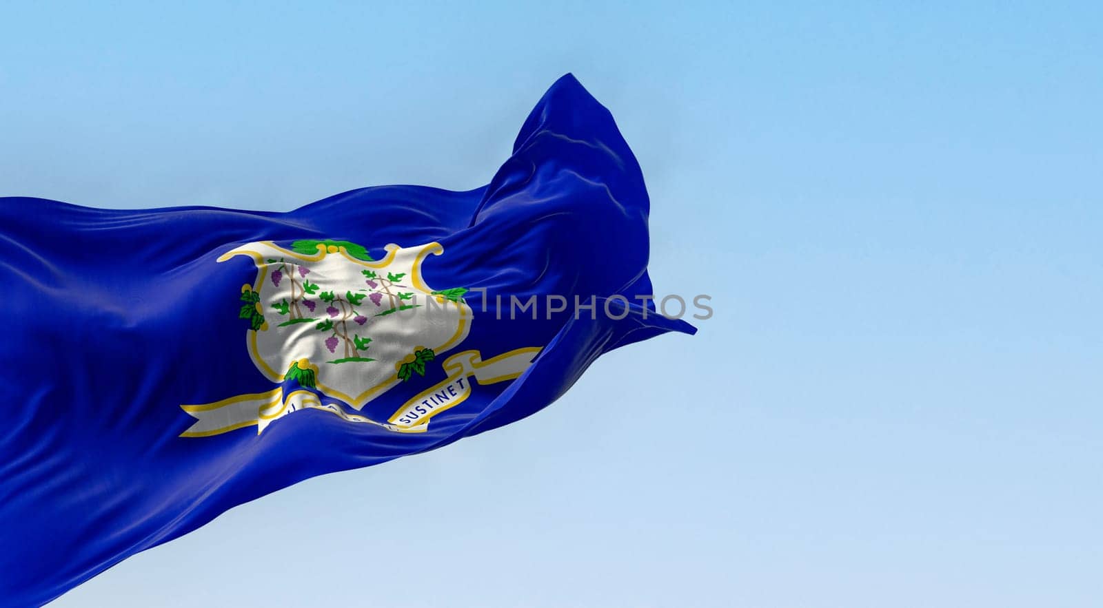 Connecticut state flag fluttering in the wind on a clear day. White shield on blue background featuring three grapevines each bearing bunches of grapes. 3d illustration render. Fluttering fabric