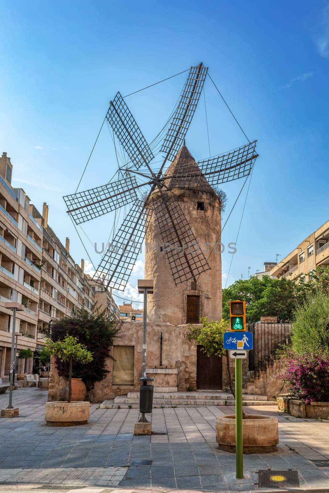 Palma de Majorca windmills, wind mill in street Molins del carrer Industria ,Palma de Mallorca, Balearic Islands Mallorca Spain.