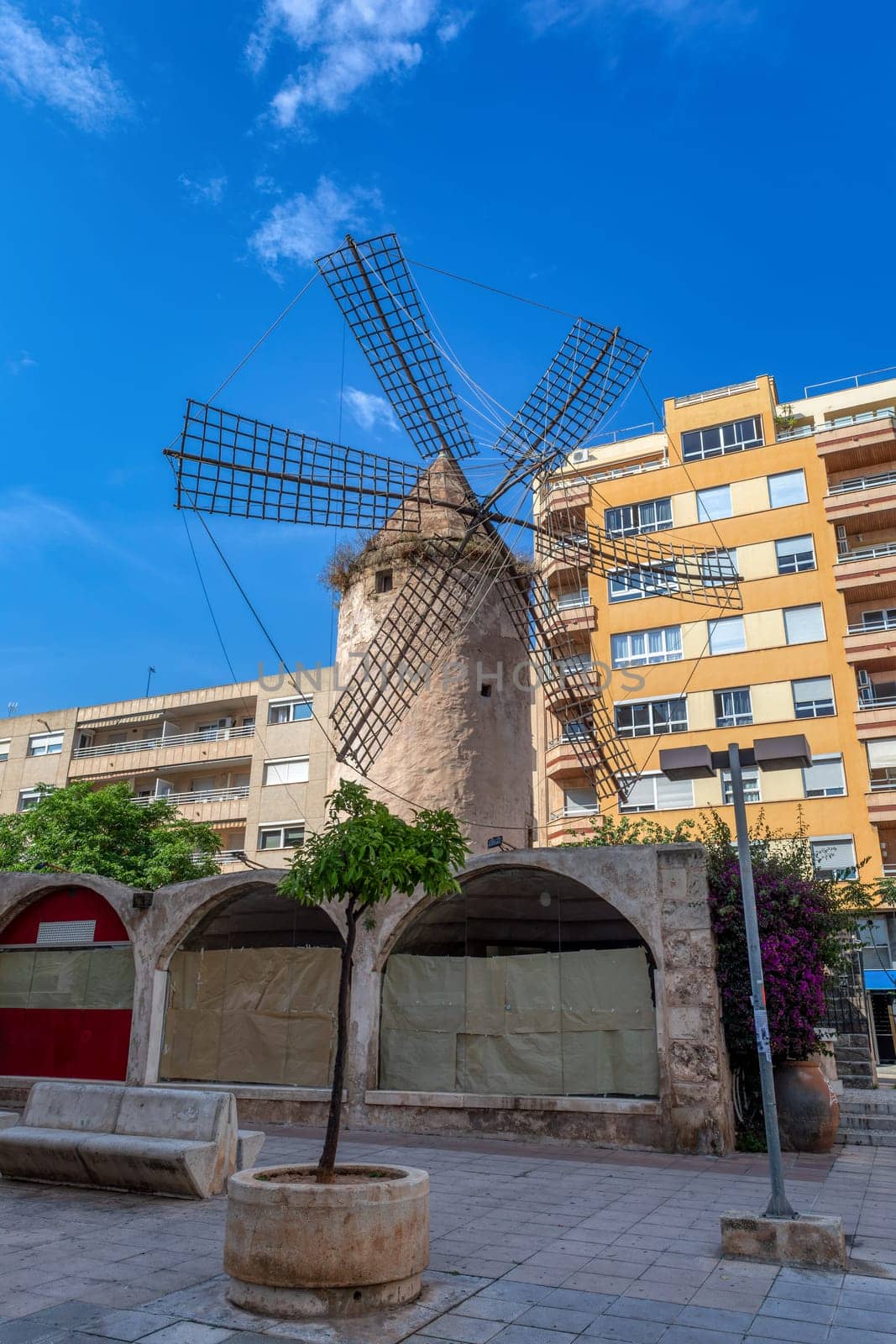 Palma de Majorca windmills, wind mill in street Molins del carrer Industria ,Palma de Mallorca, Balearic Islands Mallorca Spain.