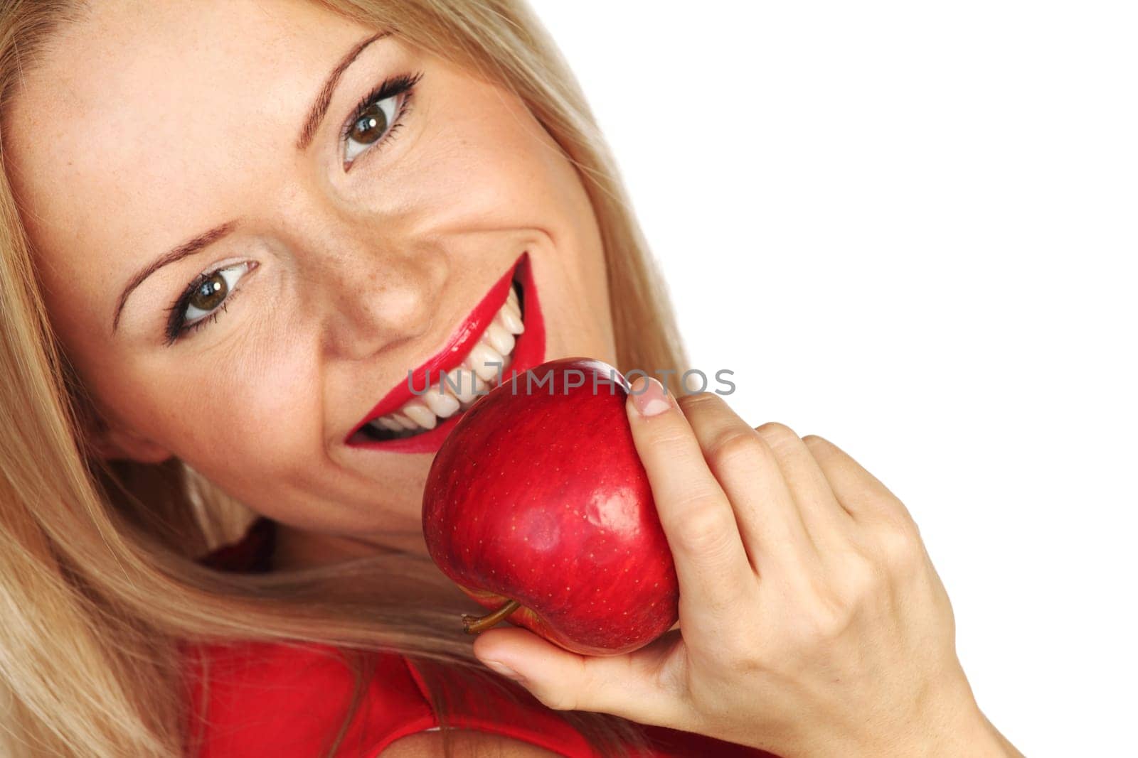 woman eat red apple on white background