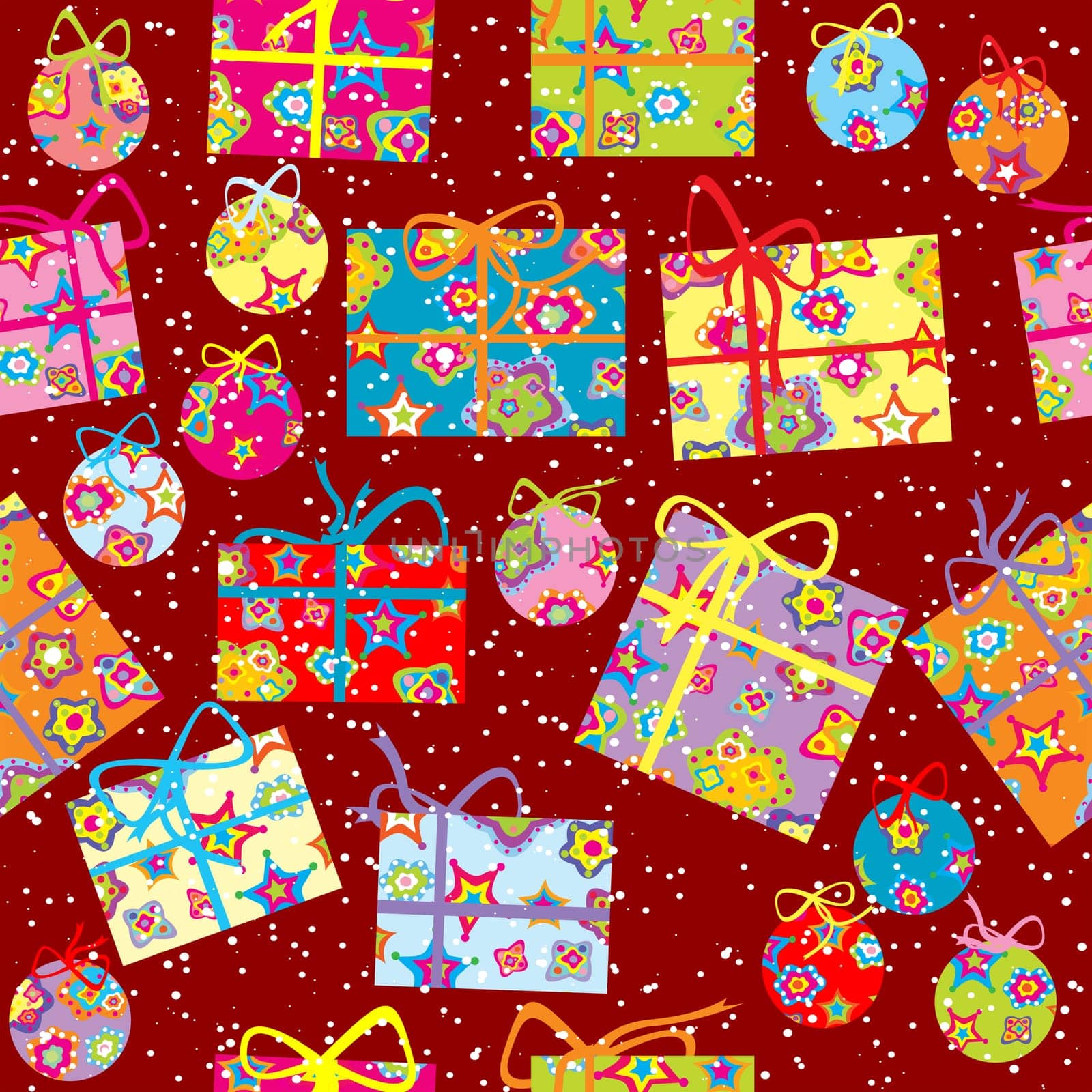 Christmas wrapping paper with gift packages and globes