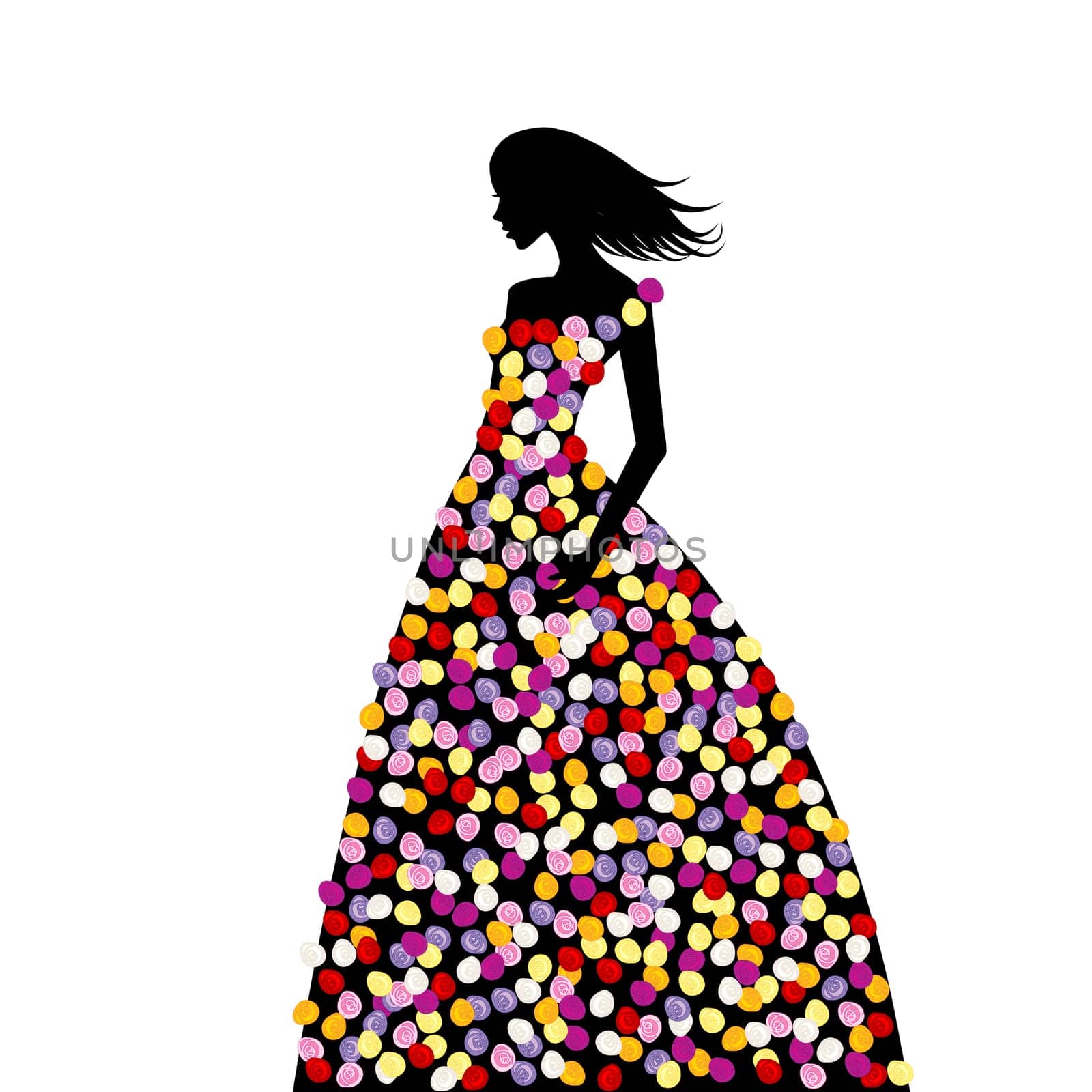 Stylized woman with dress made of colored roses