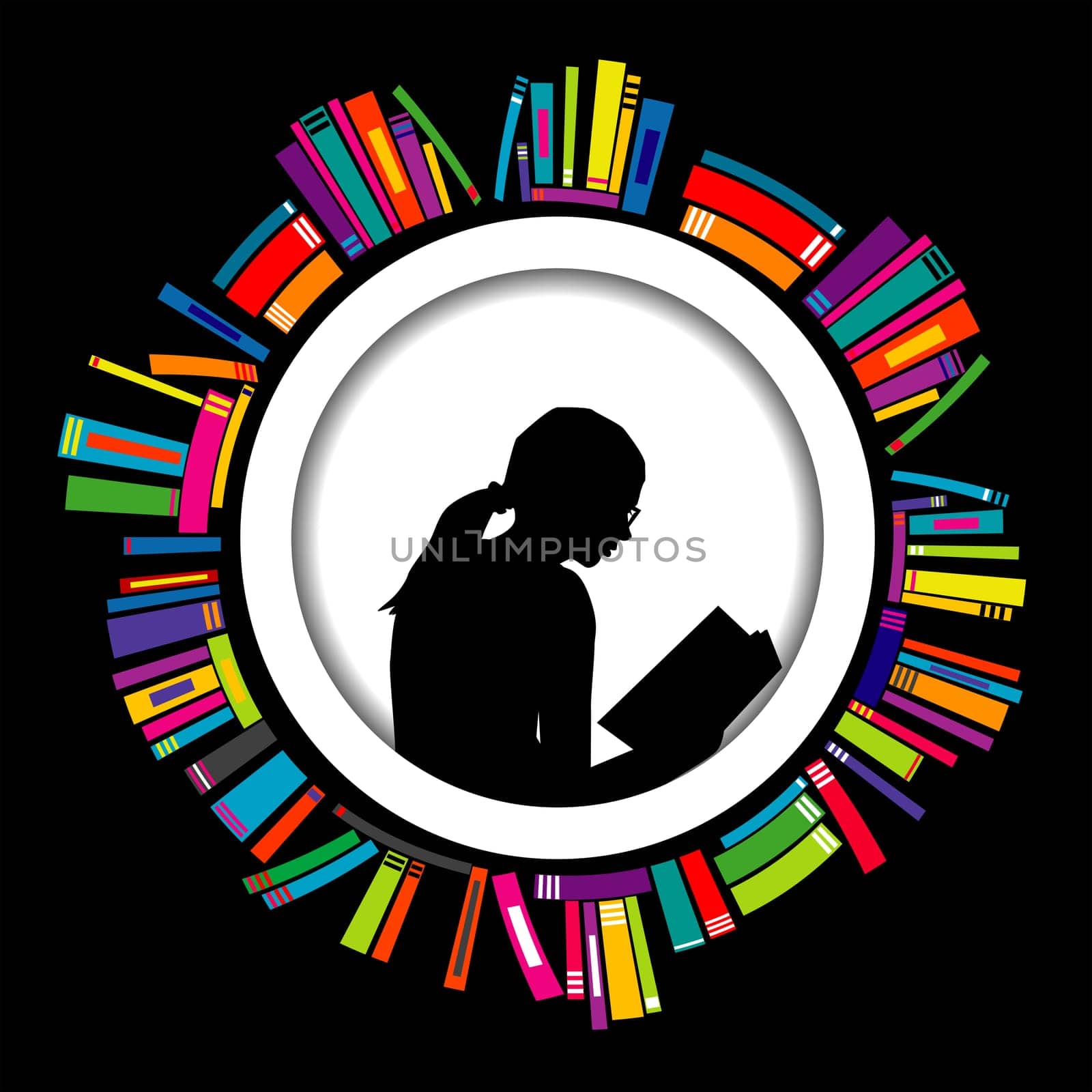 Round frame with stylized books and silhouette of a girl reading in the middle of it