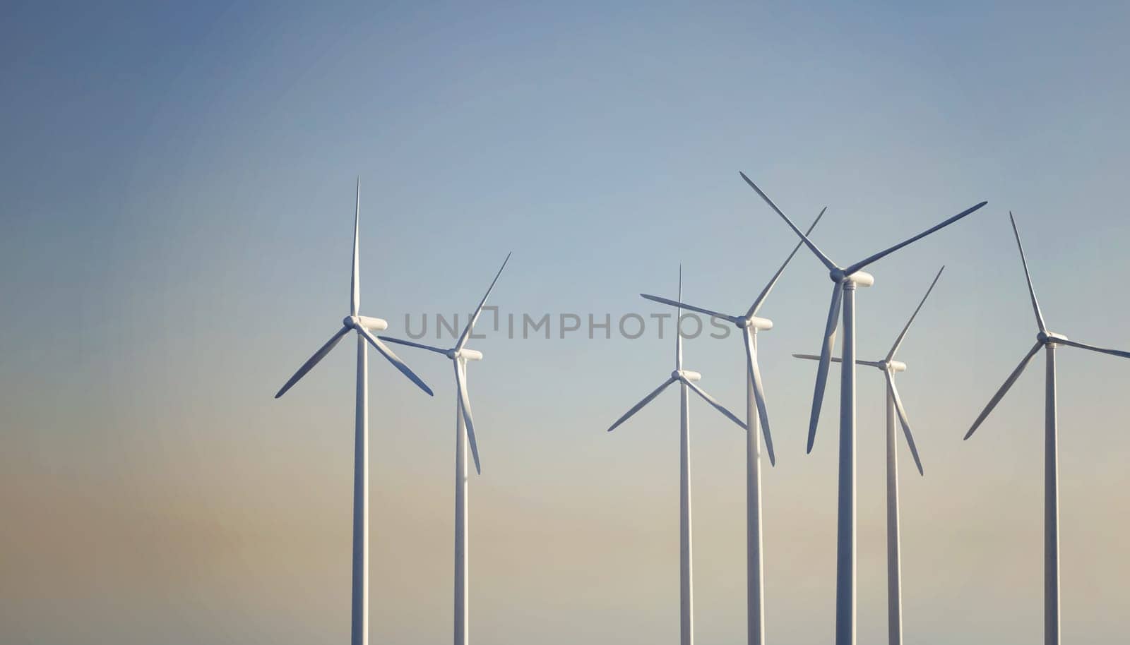 Wind turbine offshore plant in an ocean at sunrise, 3d rendering, alternative energy production, renewable and eco friendly power generation